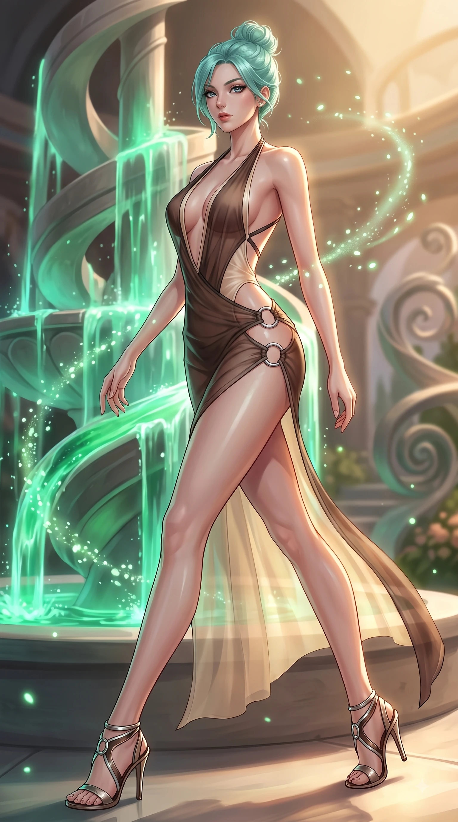 score_9, masterpiece, best quality, ultra-detailed, high-budget anime keyframe, editorial fashion photography, tasteful artistic composition, Japanese woman. low angle full-body shot from head to toe showing her feet, filling the entire 9:16 vertical frame with her statuesque presence, stretching her vertical silhouette. forging dynamically through the scene with her long slender legs and ultra-slim waist creating a sweeping curve while pivoting dynamically beside a hydro-flow spiral fountain flowing with bioluminescent emerald sap, glowing pollen particles drifting gracefully around her statuesque silhouette. She has an absolutely perfect, statuesque 8.5-heads proportion, an exceptionally tall and slender model-like female figure with impossibly long slender legs and an ultra-slim waist. sharp v-shaped jawline, high-bridge nose, intricate jewel-like eyes with depth, thick eyelashes, glossy lips with a natural sheen, flawlessly proportioned anatomical accuracy, natural body alignment, perfectly sculpted elegant limbs, clean dynamic posture without body distortion. wearing a deep-scoop halter bodycon dress with hip cutouts connected by silver rings in espresso brown and warm cream, woven from fine semi-opaque sheer organza, complemented by criss-cross back straps highlighting her bare shoulders, the tailored fabric tightly following every curve of her athletic build. bathed in warm golden sunlight and soft emerald bioluminescent glow. ultra-reflective glossy finish, specular highlights, metallic sheen, high-contrast stereoscopic depth, volumetric dynamic lighting, 2k, ultra detail, master piece, 9:16 ratio