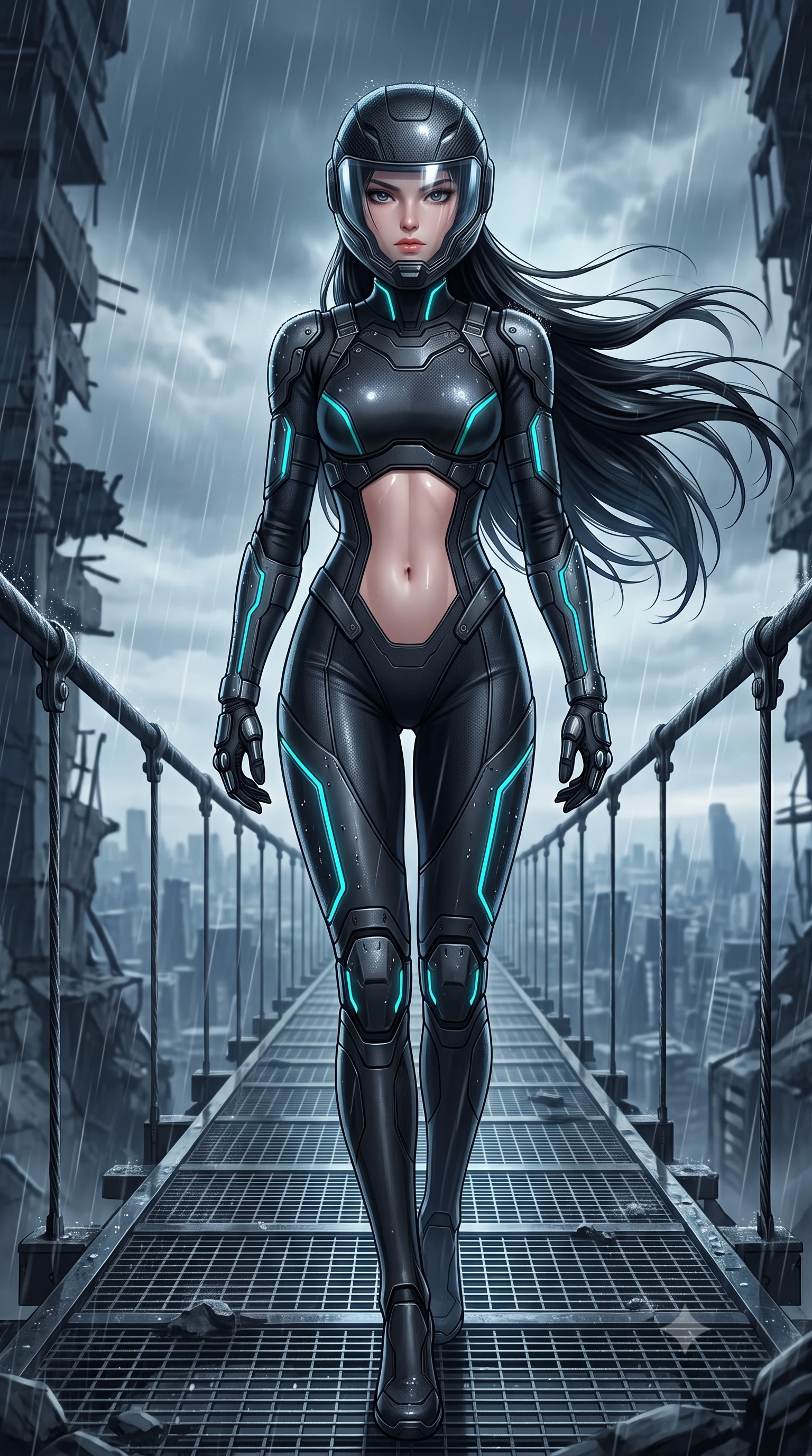 score_9, masterpiece, best quality, ultra-detailed, high-budget anime keyframe, semi-realistic 3D game render, editorial fashion photography, tasteful artistic composition, Korean woman. low angle full-body shot from head to toe showing her feet, filling the entire 9:16 vertical frame with her statuesque presence, stretching her vertical silhouette. striding forward with sovereign warrior elegance in a low, predatory combat advance through the ruins, hips swaying with fierce athletic poise while defending a narrow suspension skybridge 500 meters above a stormy megacity, her full-face transparent visor showing her fierce, focused expression. The surrounding environment is rendered in vivid detail and crisp panoramic clarity. crystal-clear transparent visor reflections, distinct raindrop beads on armor, and bridge steel grating in deep focus. She has an absolutely perfect, statuesque 8.5-heads proportion, an exceptionally tall and slender model-like female figure with impossibly long slender legs, a toned flat midriff, and an ultra-slim waist. sharp v-shaped jawline, high-bridge nose, intricate jewel-like eyes with depth, thick eyelashes, glossy lips with a natural sheen, fierce and resolute heroine expression, flawlessly proportioned anatomical accuracy, strict slender model proportions, natural body alignment, perfectly sculpted long slender limbs, ultra-slim waistline, clean dynamic posture without body distortion. wearing an open-face aerodynamic carbon-fiber combat helmet with a retracted transparent holographic HUD visor framing her sharp jawline and jewel-like eyes, paired with a tailored tactical combat jumpsuit with an open-back harness design, reinforced composite breastplate, and high-mobility elbow dampers in matte battle-worn obsidian carbon with electric cyan hazard conduits, made of liquid carbon-jersey fabric accentuating every curve of her tall, slender model proportions, detailed with kinetic shock-dampening knuckle guards and polished chrome connection joints, the form-contouring material adhering flawlessly to her sculpted flat midriff and slender torso, emphasizing her long leg lines and perfectly proportioned willowy build. illuminated by crisp specular highlights tracing her sculpted flat midriff, bare spine, and slender limbs. rich saturated anime colors with glowing neon highlights, detailed shading with soft gradients, rich glossy textures, high-contrast stereoscopic depth, volumetric dynamic lighting, master piece, 9:16 ratio