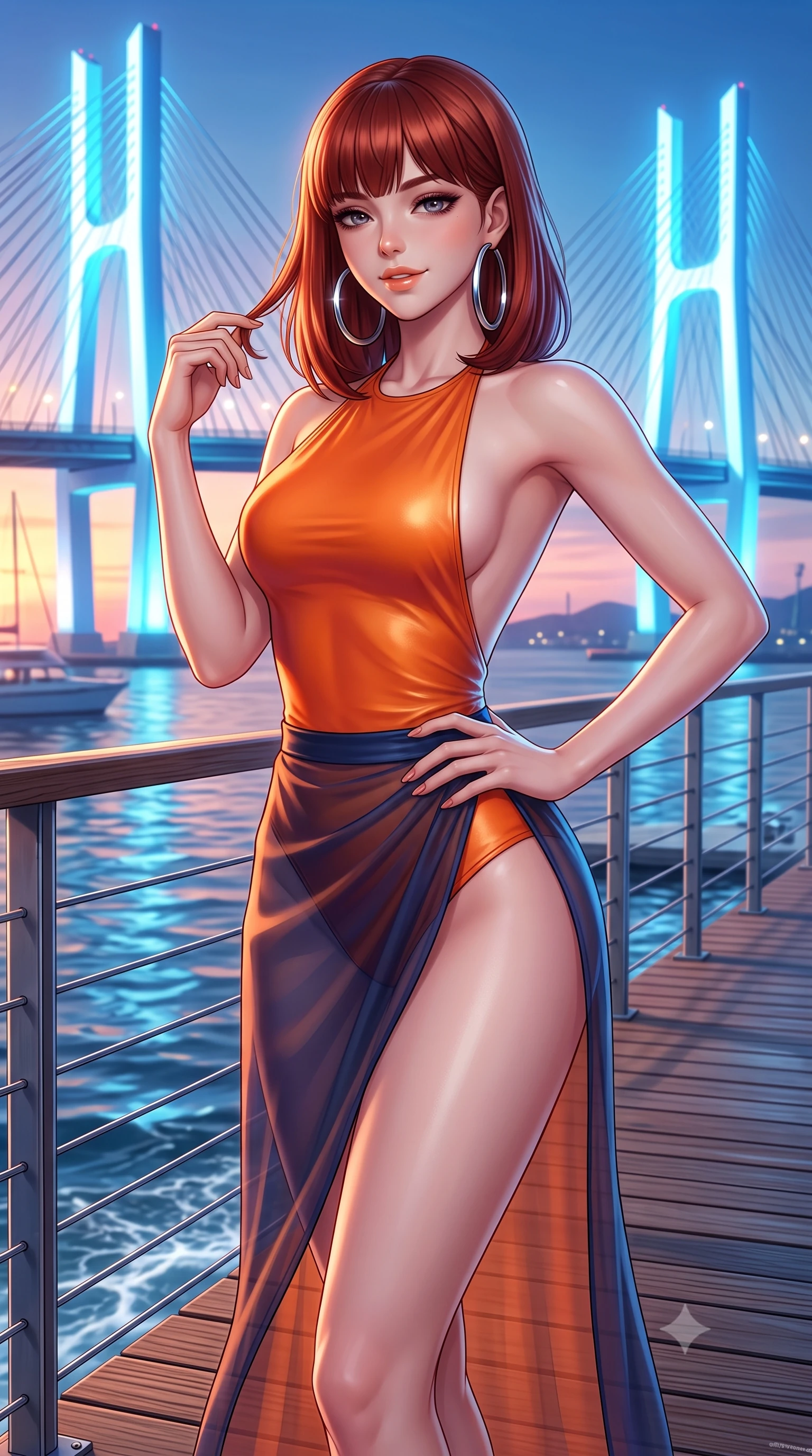 score_9, masterpiece, best quality, ultra-detailed, high-budget anime keyframe, semi-realistic 3D game render, editorial fashion photography, tasteful artistic composition, Caucasian woman. close-up cowboy shot from the waist and thighs up, the character dominates the composition, filling the frame with her large presence. twisting her slender torso in an alluring contrapposto stance, one hand resting on her sculpted hip while her fingers toy with her hair with effortless poise while twisting her slender torso in an alluring S-curve, salty harbor winds molding her form-fitting dress to her feminine hourglass contours. The surrounding environment is rendered in vivid detail and crisp panoramic clarity: sharp boardwalk timber grain, stainless steel cable railing, and water wake ripple clarity in deep focus. She has an exceptionally elegant, slender, and willowy female figure with an ultra-slim waist, flat toned midriff, narrow ribcage, and sculpted feminine hips creating an alluring, slim hourglass silhouette without bulk. sharp v-shaped jawline, high-bridge nose, sparkling eyes with hypnotic seductive depth, thick curled eyelashes, glossy parted lips with a natural dewy peach sheen, alluring bedroom-eyes with an enchanting coquettish smile, exuding magnetic siren charisma and sophisticated glamour, flawlessly proportioned anatomical accuracy, strict slender model proportions, natural body alignment, perfectly sculpted long slender limbs, ultra-slim waistline, clean dynamic posture without body distortion. wearing a liquid-tight backless silk halter leotard styled with a sheer wrap overskirt revealing her long slender legs and hip curve in sunset tangerine orange and deep navy indigo, woven from buttery-soft stretch lambskin leather adhering to her body like a second skin, accented with oversized polished chrome hoop earrings catching the ambient neon glow, the precision-cut side openings and low-back scoop framing her graceful spine and the sensual sweep of her slim, toned hips. bathed in the glowing azure and white illumination of the suspension bridge towers. highly saturated vibrant anime colors, detailed shading with soft gradients, rich glossy textures, high-contrast stereoscopic depth, volumetric dynamic lighting, master piece, 9:16 ratio
