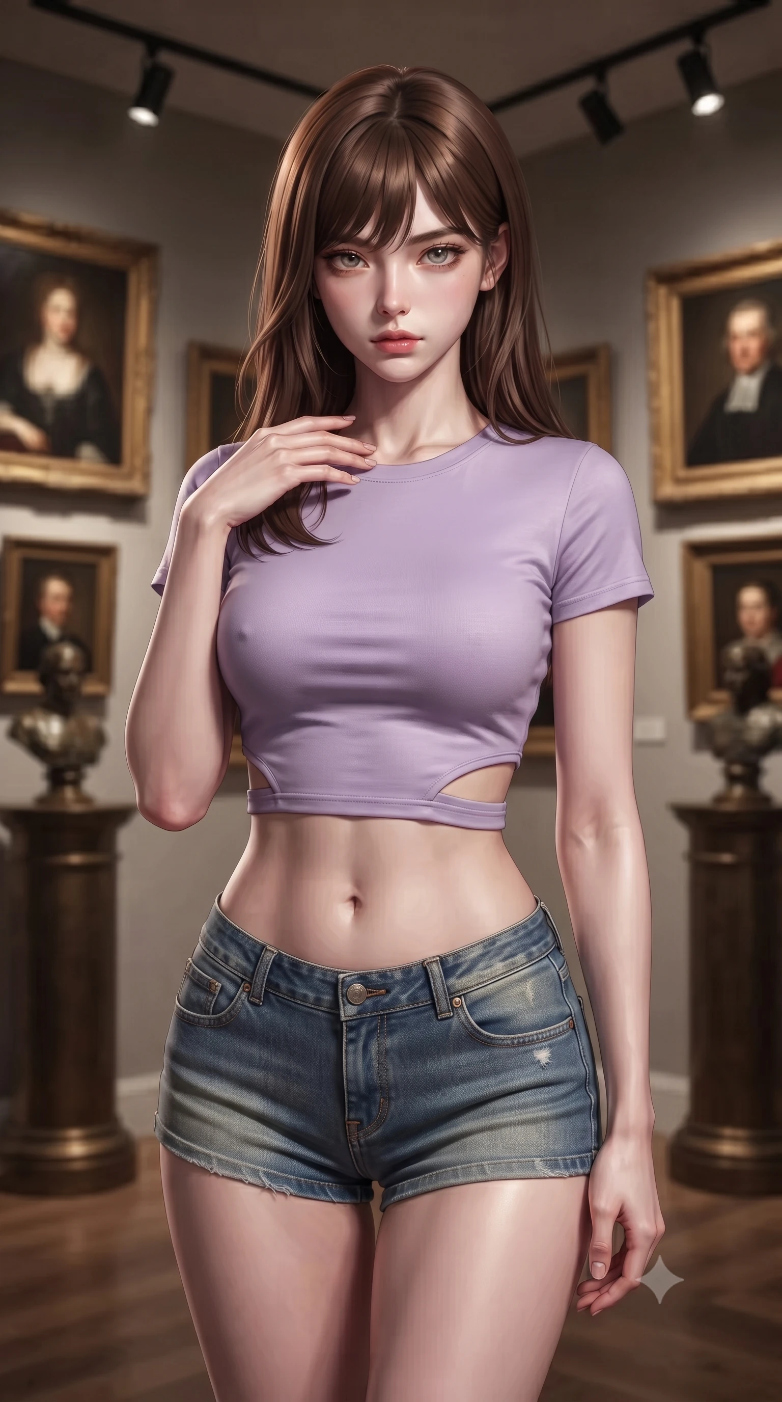 score_9, masterpiece, best quality, ultra-detailed, high-budget anime keyframe, editorial fashion photography, tasteful artistic composition, Korean woman. close-up cowboy shot from the waist and thighs up, the character dominates the composition, filling the frame with her large presence, background elements kept in soft focus. standing with one hand resting on her collarbone, looking at the viewer with bedroom-eyes the background shows a soft-focus a private art collector's gallery with framed oil portraits and bronze pedestals. She has an exceptionally elegant, slender, and willowy female figure with an ultra-slim waist, a gracefully sculpted slender torso, and a refined silhouette. sharp v-shaped jawline, high-bridge nose, intricate jewel-like eyes with depth, thick eyelashes, glossy lips with a natural sheen. wearing a slim-fit modern crop top in lavender cotton paired with a low-rise denim skirt and a subtle waist cut-out. directional track lighting highlighting subtle fabric textures. ultra-reflective glossy finish, specular highlights, metallic sheen, high-contrast stereoscopic depth, volumetric dynamic lighting, 2k, ultra detail, master piece, 9:16 ratio