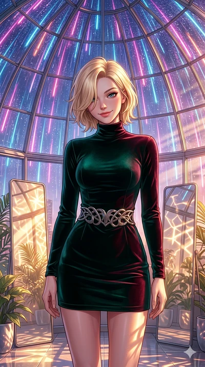 score_9, masterpiece, best quality, ultra-detailed, high-budget anime keyframe, editorial fashion photography, tasteful artistic composition, Caucasian woman, strictly human ears. cowboy shot from the thighs up, character and outfit filling the frame