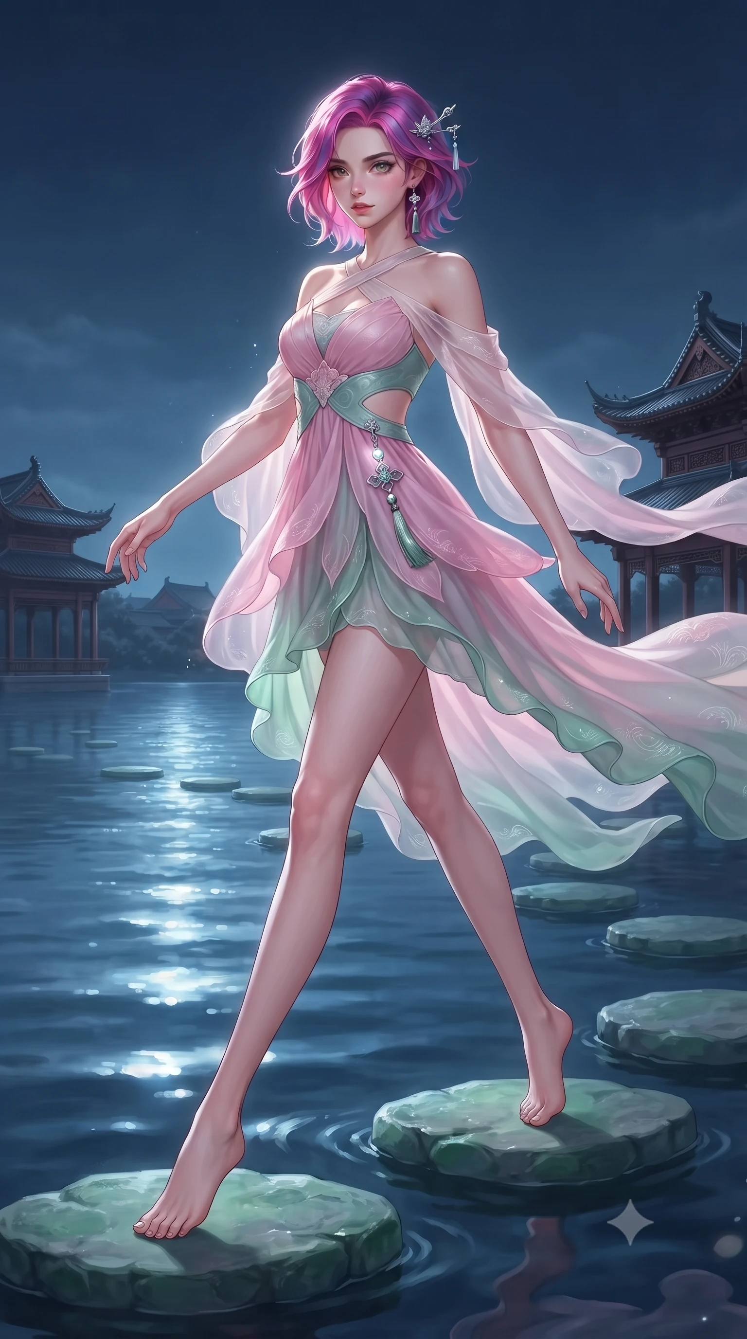 score_9, masterpiece, best quality, ultra-detailed, high-budget anime keyframe, editorial fashion photography, tasteful artistic composition, Caucasian woman. low angle full-body shot from head to toe showing her feet, filling the entire 9:16 vertical frame with her statuesque presence, stretching her vertical silhouette. stepping forward gracefully in mid-motion, displaying her toned flat midriff and flawlessly sculpted slender limbs while striding across floating jade stepping stones with ethereal, weightless grace and divine celestial poise. The surrounding environment is rendered in vivid detail and crisp panoramic clarity. detailed pagoda tile ridges, moonlight reflection paths on water, and silk fabric embroidery in high resolution. She has an absolutely perfect, statuesque 8.5-heads proportion, an exceptionally tall and slender model-like female figure with impossibly long slender legs, a toned flat midriff, and an ultra-slim waist. sharp v-shaped jawline, high-bridge nose, intricate jewel-like eyes with depth, thick eyelashes, glossy lips with a natural sheen, captivating and magnetic expression, flawlessly proportioned anatomical accuracy, strict slender model proportions, natural body alignment, perfectly sculpted long slender limbs, ultra-slim waistline, clean dynamic posture without body distortion. wearing a celestial lotus-inspired layered chiffon gown with an exposed clavicle bodice in lotus petal pink and jade mist, crafted from sheer cascading chiffon that ripples like water, accented with a glowing metallic norigae knot charm and silver hairpin, the precision-cut daring openings accentuating her delicate midriff, graceful bare collarbones, and ultra-slim feminine waistline. surrounded by an otherworldly, sacred, and breathtakingly pure moon goddess aura. ultra-reflective glossy finish, specular highlights, rich textural contrasts, high-contrast stereoscopic depth, volumetric dynamic lighting, 2k, ultra detail, master piece, 9:16 ratio