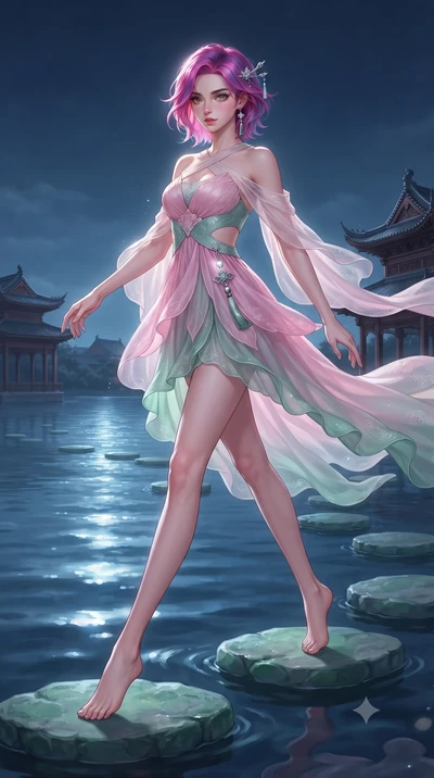 score_9, masterpiece, best quality, ultra-detailed, high-budget anime keyframe, editorial fashion photography, tasteful artistic composition, Caucasian woman. low angle full-body shot from head to toe showing her feet, filling the entire 9:16 vertica