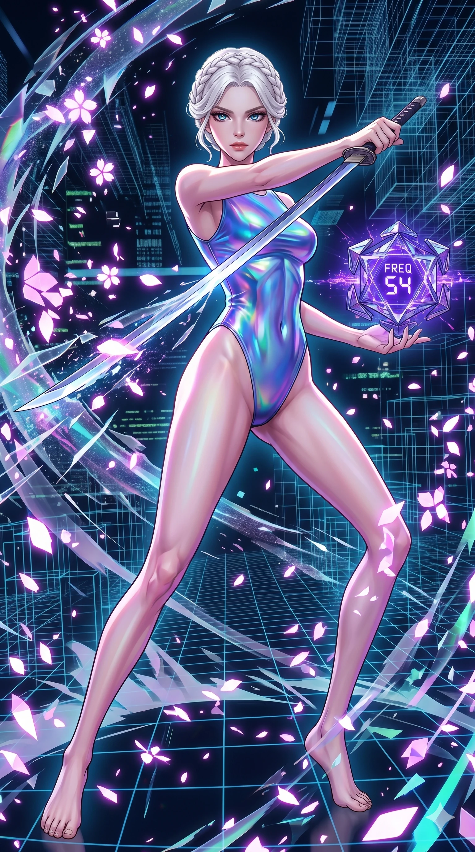 score_9, masterpiece, best quality, ultra-detailed, Set A: High-budget Anime Keyframe, Caucasian (strictly human ears) woman. Low angle cowboy shot filling the entire 9:16 frame with her statuesque presence. Drawing a blade through a virtual reality void, holding a relic that pulses with the frequency 54 and surrounded by digital sakura petals. She has an absolutely perfect 8-heads proportion, an exceptionally tall and slender female figure with impossibly long slender legs and an ultra-slim waist. Sharp v-shaped jawline, high-bridge nose, intricate jewel-like eyes with depth, thick eyelashes, glossy lips with a natural sheen. Wearing High-cut bodysuit made of liquid-crystal fabric that changes color with movement. Cinematic lighting, vibrant colors, dramatic shadows, 2k, ultra detail, master piece, 9:16 ratio