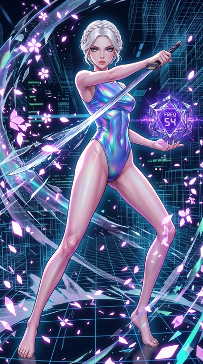 score_9, masterpiece, best quality, ultra-detailed, Set A: High-budget Anime Keyframe, Caucasian (strictly human ears) woman. Low angle cowboy shot filling the entire 9:16 frame with her statuesque presence. Drawing a blade through a virtual reality 