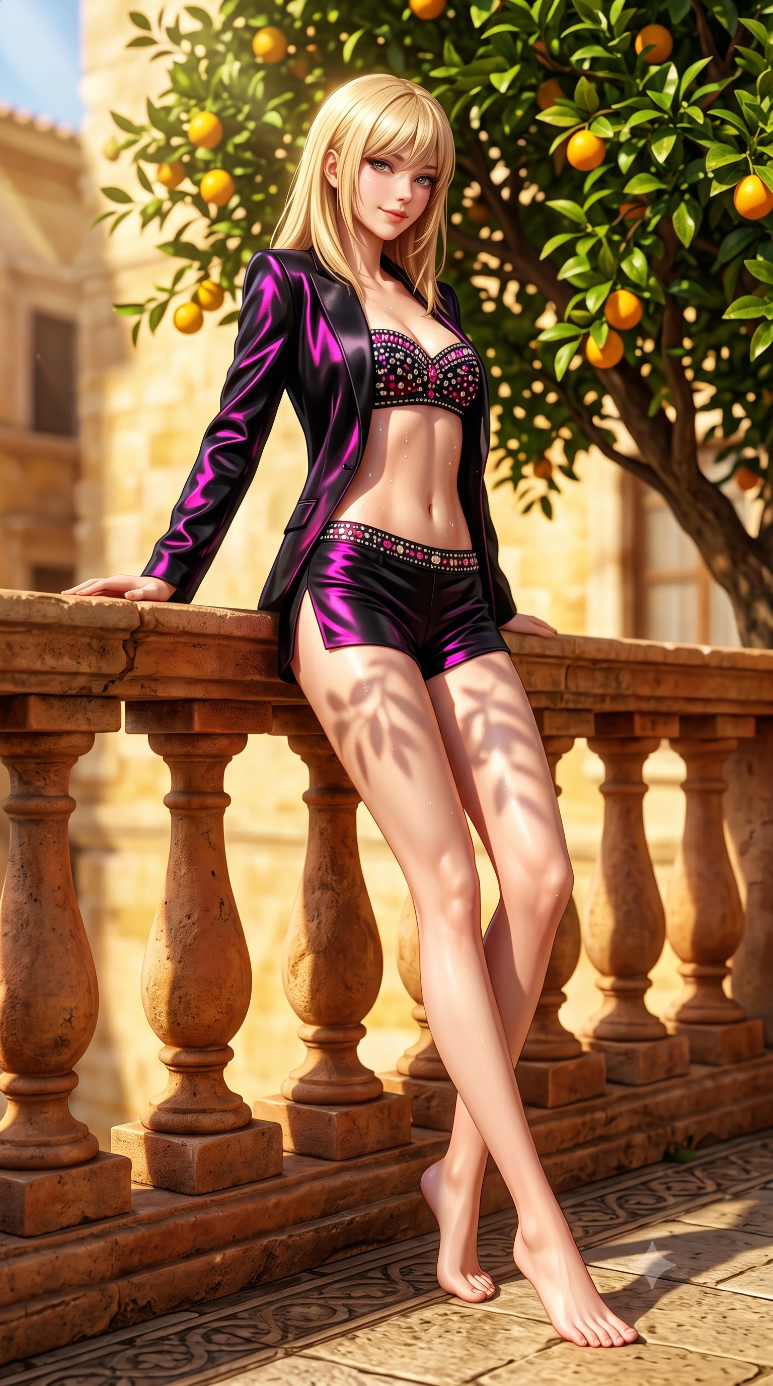 score_9, masterpiece, best quality, ultra-detailed, high-budget anime keyframe, semi-realistic 3D game render, editorial fashion photography, tasteful artistic composition, Japanese woman. low angle full-body shot from head to toe showing her feet, filling the entire 9:16 vertical frame with her statuesque presence, stretching her vertical silhouette. leaning deep against the balcony balustrade with hips cocked back in an unapologetically alluring high-fashion stance, casting an intoxicating glance while twisting her slender torso in an alluring contrapposto stance, golden sunlight filtering through citrus branches onto her flat midriff and hips. The surrounding environment is rendered in vivid detail and crisp panoramic clarity: sharp aged terracotta pot relief patterns, glossy citrus leaf veins, and honeyed limestone wall textures in deep focus. She has an absolutely perfect, statuesque 8.5-heads proportion, an exceptionally tall and slender model-like female figure with impossibly long slender legs, an ultra-slim waist, a flat toned midriff, narrow delicate ribcage, and beautifully sculpted feminine hips creating a graceful, slim hourglass silhouette without any bulky heaviness. sharp v-shaped jawline, high-bridge nose, sparkling eyes with hypnotic seductive depth, thick curled eyelashes, glossy parted lips with a natural dewy peach sheen, alluring bedroom-eyes with an enchanting coquettish smile, exuding magnetic siren charisma and sophisticated glamour, flawlessly proportioned anatomical accuracy, strict slender model proportions, natural body alignment, perfectly sculpted long slender limbs, ultra-slim waistline, clean dynamic posture without body distortion. wearing a tailored open-front smoking jacket worn over a jewel-embellished bandeau top and micro-shorts in wet-look onyx black with electric magenta reflections, crafted from fluid liquid silk satin that clings smoothly to every curve with a dewy sheen, complemented by glistening drops of moisture beading across her sculpted shoulders and flat midriff, the high-slit wrap tailoring accentuating her ultra-slim waistline and the enchanting curve of her feminine hips with alluring seductive charm. illuminated by stone floor bounce and sharp warm-gold rim lights sculpting her jawline, ultra-slim waist, and curvy hips. highly saturated vibrant anime colors, detailed shading with soft gradients, rich glossy textures, high-contrast stereoscopic depth, volumetric dynamic lighting, master piece, 9:16 ratio