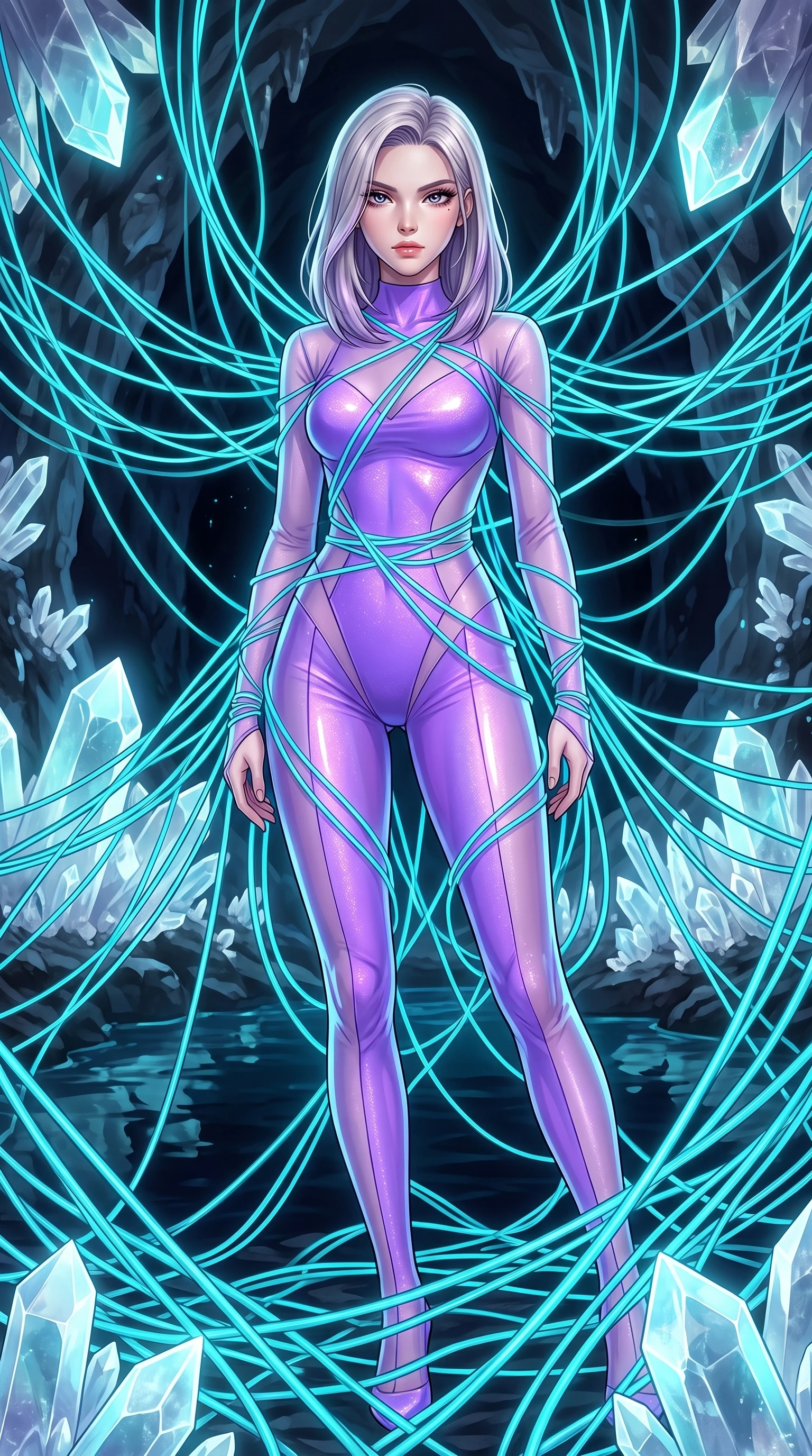 score_9, masterpiece, best quality, ultra-detailed, High-budget Anime Keyframe, Caucasian woman, strictly human ears. Low angle cowboy shot filling the entire 9:16 frame with her statuesque presence. Scenario 517: tangled in a web of glowing cyan fiber-optic cables inside an underground cave lined with glowing quartz crystals and deep pools. Her presence is magnetic and overpowering in this high-budget anime scene. Outfit 517: a tailored neon violet shimmering chiffon catsuit with sheer sleeves and opaque panels. The clothing is designed to emphasize her exceptionally tall and slender 8-heads proportion. 8-heads proportion, towering silhouette, ultra-slim waist. sharp v-shaped jawline, intricate jewel-like eyes with depth, thick eyelashes, glossy lips. 2k, ultra detail, master piece, 9:16 ratio