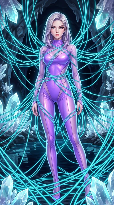 score_9, masterpiece, best quality, ultra-detailed, High-budget Anime Keyframe, Caucasian woman, strictly human ears. Low angle cowboy shot filling the entire 9:16 frame with her statuesque presence. Scenario 517: tangled in a web of glowing cyan fib