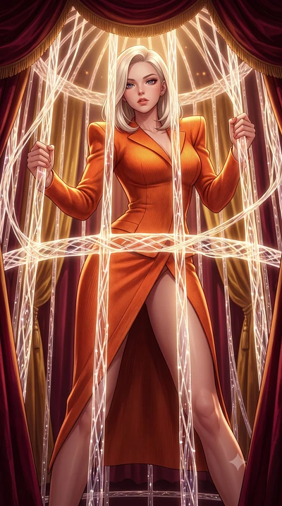 score_9, masterpiece, best quality, ultra-detailed, High-budget Anime Keyframe, Caucasian woman, strictly human ears. Low angle cowboy shot filling the entire 9:16 frame with her statuesque presence. Scenario 537: trapped in a cage of glowing crystal