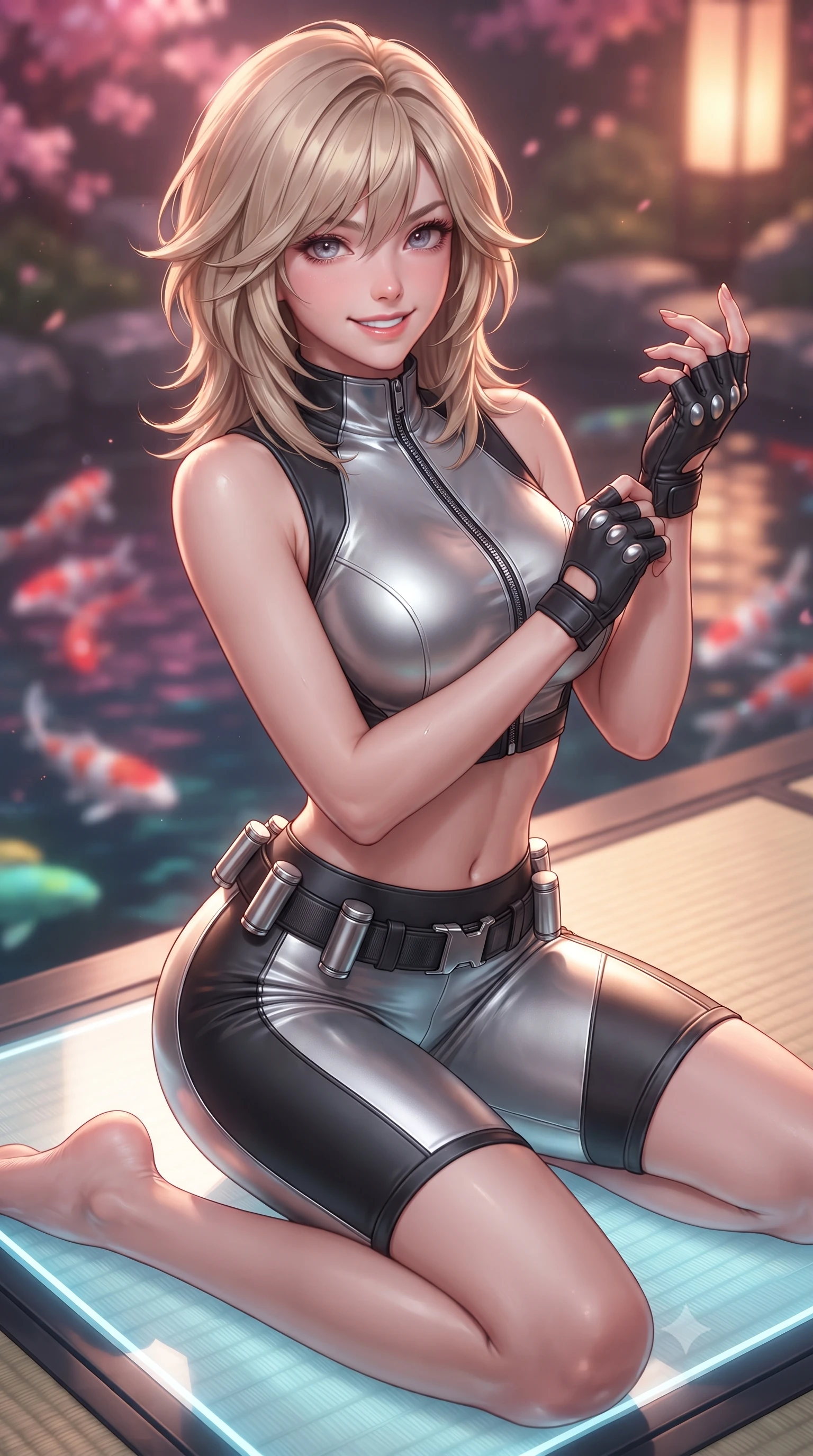 score_9, masterpiece, best quality, ultra-detailed, high-budget anime keyframe, editorial fashion photography, tasteful artistic composition, Japanese woman. close-up cowboy shot from the waist and thighs up, the character dominates the composition, filling the frame with her large presence. adjusting her tactical glove with cool confidence, her bright smile capturing fresh girlhood charm while her arched torso reveals an intoxicating hip contour while sitting in an elegant seiza-inspired pose on an illuminated glass tatami mat, arching her lower back with mesmerizing, teasing grace. The background shows a soft-focus a quiet digital koi pond with swimming neon fish softened in poetic futuristic Japanese shallow focus. She has an exceptionally elegant, slender, and willowy female figure with an ultra-slim waist, flat toned midriff, narrow ribcage, and sculpted feminine hips creating an alluring, slim hourglass silhouette without bulk. sharp v-shaped jawline, high-bridge nose, intricate jewel-like sparkling eyes with depth, thick eyelashes, glossy parted lips with a natural sheen, bright confident smile with an enchanting and coquettish sensual glint, exuding both youthful magnetic charm and sovereign high-tech allure, flawlessly proportioned anatomical accuracy, strict slender model proportions, natural body alignment, perfectly sculpted long slender limbs, ultra-slim waistline, clean dynamic posture without body distortion. wearing a sleek two-piece combat athletic set with a zip-front mock-neck crop top and contouring biker shorts hugging her curvy hips in liquid chrome silver and pitch black, tailored from brushed aeronautical titanium alloy with matte satin sheen, accented with a sleek utility belt with polished magnetic canisters resting loosely on her curvy hips, the form-contouring cut accentuating her sculpted flat midriff, narrow delicate ribcage, and gracefully curvy hips with cybernetic supermodel precision. bathed in soft, romantic cherry-pink and warm amber holographic glow. ultra-reflective glossy finish, specular highlights, rich textural contrasts, high-contrast stereoscopic depth, volumetric dynamic lighting, 2k, ultra detail, master piece, 9:16 ratio