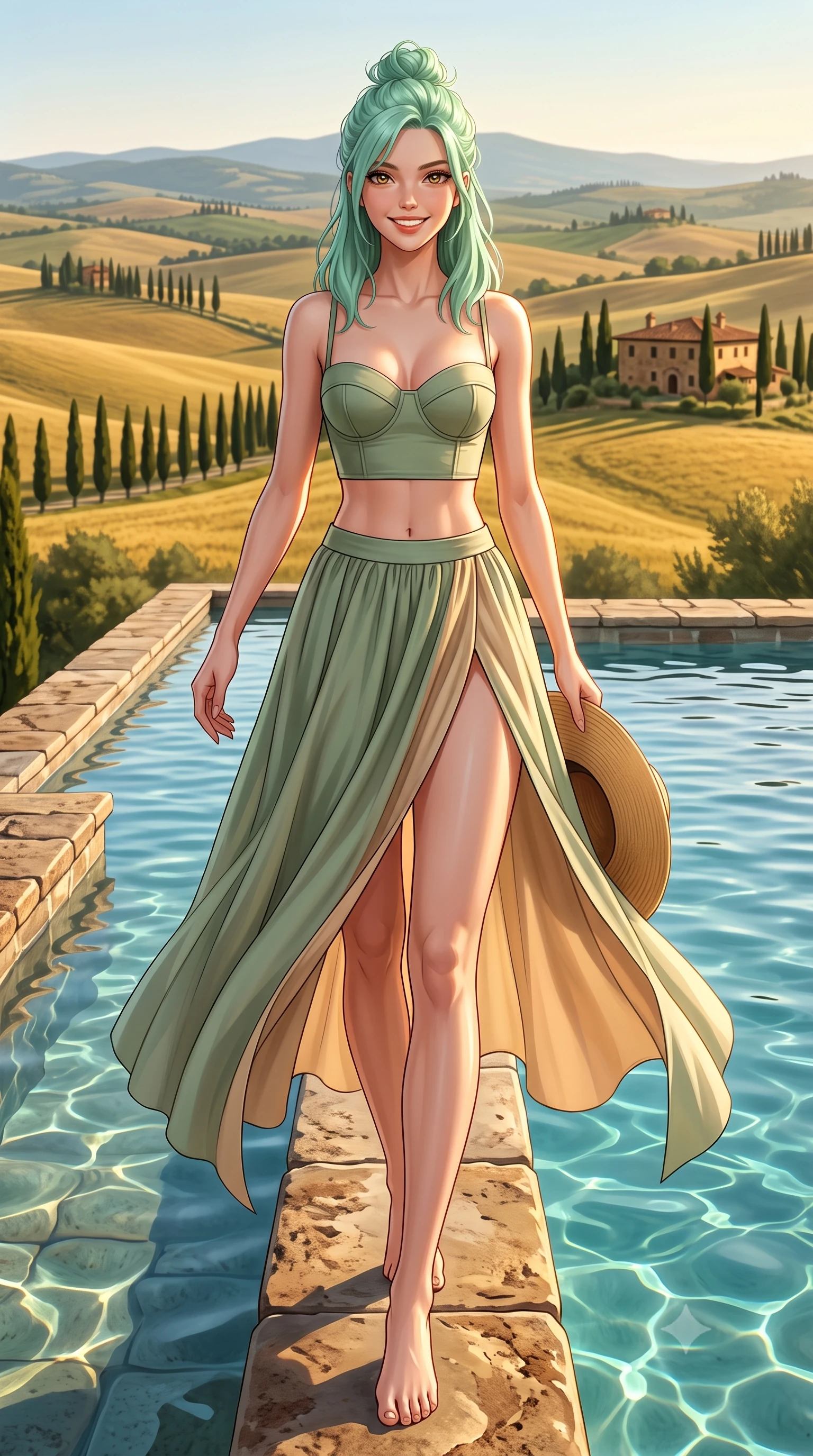 score_9, masterpiece, best quality, ultra-detailed, high-budget anime keyframe, semi-realistic 3D game render, editorial fashion photography, tasteful artistic composition, Japanese woman. low angle full-body shot from head to toe showing her feet, filling the entire 9:16 vertical frame with her statuesque presence, stretching her vertical silhouette. stepping forward gracefully across the terrace in mid-motion with a radiant beaming smile, hips swaying in an alluring kinetic rhythm that accentuates her curvy hourglass silhouette and long slender legs while standing at the infinity edge of the stone pool overlooking rolling golden hills and lines of cypress trees, arching her back with sovereign poise. The surrounding environment is rendered in vivid detail and crisp panoramic clarity. detailed linen resort fit texture, golden sunlight glints on skin, and Tuscan villa stonecraft in high resolution. She has an exceptionally tall and slender model-like 8.5-heads proportion, an ultra-slim waist, a flat toned midriff, narrow delicate ribcage, and beautifully sculpted feminine hips creating a graceful, slim hourglass silhouette without any bulky heaviness, with impossibly long slender legs. sharp v-shaped jawline, high-bridge nose, sparkling amber-hazel eyes with depth, long lush eyelashes, glossy sun-kissed lips with a warm coral glaze, radiant teasing smile with sensual sunlit bedroom-eyes, exuding effortless old-money elegance and intoxicating sun-drenched allure, flawlessly proportioned anatomical accuracy, strict slender model proportions, natural body alignment, perfectly sculpted long slender limbs, ultra-slim waistline, clean dynamic posture without body distortion. wearing a flowing high-slit silk chiffon resort skirt paired with an architectural bustier top framing her flat midriff in sage green and warm almond beige, made of liquid-tight stretch jersey emphasizing every curve of her body, complemented by a wide-brim straw sunhat held casually behind her back, the high-waisted tailoring accentuating her ultra-slim waistline and the enchanting curve of her feminine hips with alluring sunlit charm. illuminated by pool caustic reflections and sharp golden-amber rim lighting carving her slim torso, narrow waist, and curvy hips. highly saturated vibrant anime colors, detailed shading with soft gradients, rich glossy textures, high-contrast stereoscopic depth, volumetric dynamic lighting, master piece, 9:16 ratio