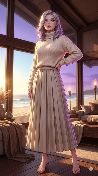 score_9, masterpiece, best quality, ultra-detailed, high-budget anime keyframe, editorial fashion photography, tasteful artistic composition, Caucasian woman, strictly human ears. low angle full-body shot from head to toe showing her feet, filling th