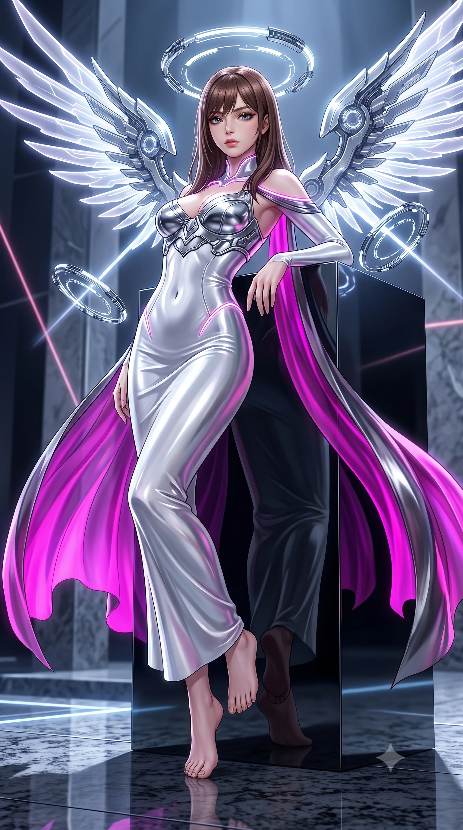 score_9, masterpiece, best quality, ultra-detailed, high-budget anime keyframe, semi-realistic 3D game render, editorial fashion photography, tasteful artistic composition, Korean woman. low angle full-body shot from head to toe showing her feet, filling the entire 9:16 vertical frame with her statuesque presence, stretching her vertical silhouette. arching her back gracefully in mid-air as glowing mechanical wings and floating cybernetic halos frame her statuesque presence while leaning against a monolithic mirror-polished obsidian block with a haughty, captivating gaze into the lens. The surrounding environment is rendered in vivid detail and crisp panoramic clarity. sharp obsidian stone edge reflections, distinct laser beam filament shafts, and granite floor reflections in deep focus. She has an absolutely perfect, statuesque 8.5-heads proportion, an exceptionally tall and slender model-like female figure with impossibly long slender legs, a toned flat midriff, and an ultra-slim waist. sharp v-shaped jawline, high-bridge nose, intricate jewel-like eyes with depth, thick eyelashes, glossy lips with a natural sheen, flawlessly proportioned anatomical accuracy, strict slender model proportions, natural body alignment, perfectly sculpted long slender limbs, ultra-slim waistline, clean dynamic posture without body distortion. wearing a form-contouring white liquid-mercury gown with polished silver biomechanical breastplate and flowing luminescent chiffon cape in vibrant electric magenta and ultra-reflective dark titanium, crafted from ultra-reflective second-skin liquid metal with a mirror-like polish, accented with glowing fiber-optic seams tracing her collarbones and hip curves, the glove-like aerodynamic second-skin fit tightly clinging to her ultra-slender waist and athletic curves without adding bulk, accentuating her razor-sharp statuesque lines and slim hourglass silhouette. illuminated by crisp directional key light with sharp specular highlights tracing her slender curves. rich saturated anime colors with glowing neon highlights, detailed shading with soft gradients, rich glossy textures, high-contrast stereoscopic depth, volumetric dynamic lighting, master piece, 9:16 ratio