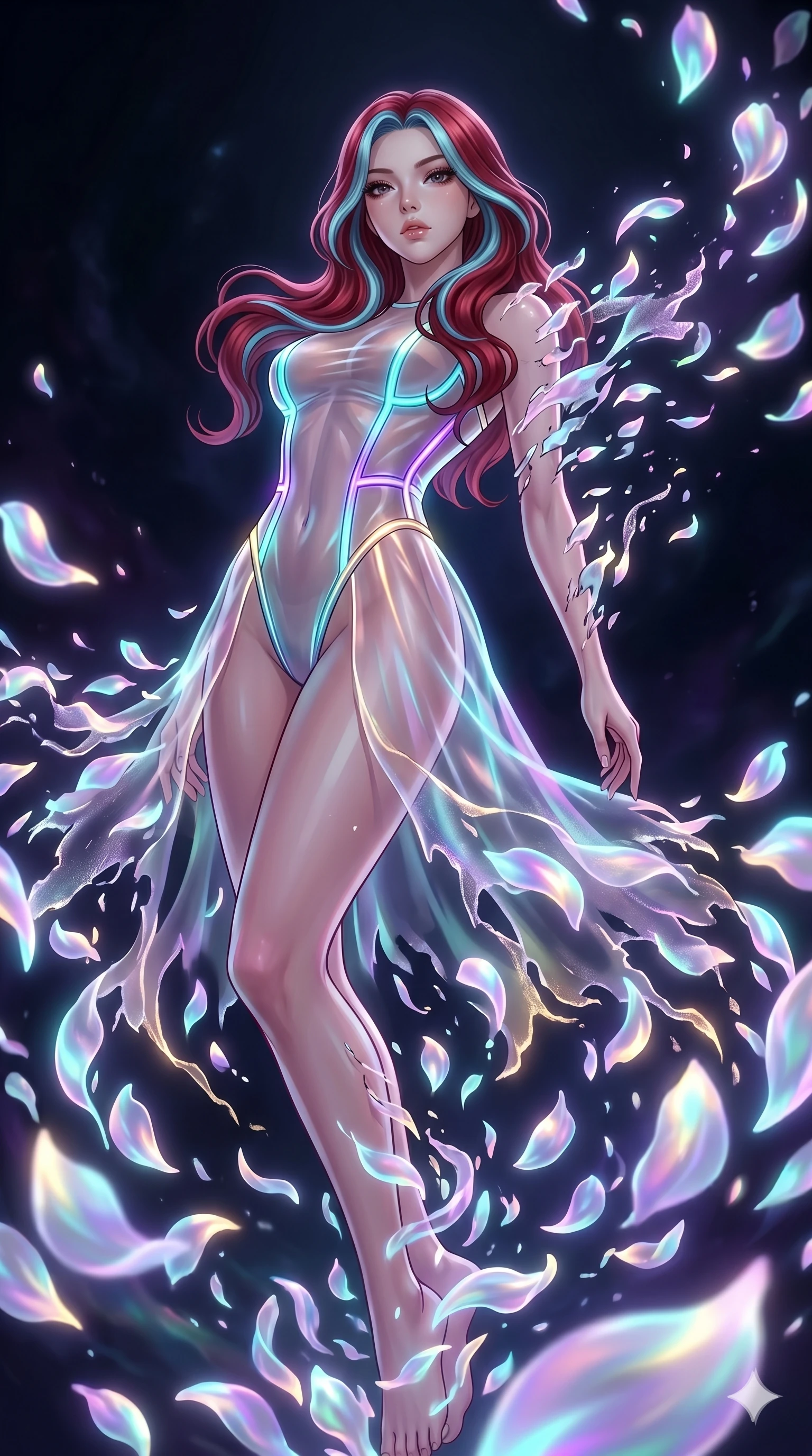 score_9, masterpiece, best quality, ultra-detailed, High-budget Anime Keyframe, East Asian woman. Low angle cowboy shot filling the entire 9:16 frame with her statuesque presence. Scenario 121: Dissolving into a cloud of iridescent silk petals in a void. Her presence is magnetic and overpowering in this high-budget anime scene. Outfit 121: A sheer organza dangerous with a high-cut leg line and glowing LED seams. The clothing is designed to emphasize her exceptionally tall and slender 8-heads proportion. 8-heads proportion, towering silhouette, ultra-slim waist. sharp v-shaped jawline, intricate jewel-like eyes with depth, thick eyelashes, glossy lips. 2k, ultra detail, master piece, 9:16 ratio