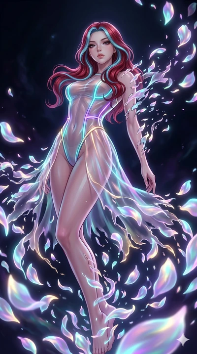 score_9, masterpiece, best quality, ultra-detailed, High-budget Anime Keyframe, East Asian woman. Low angle cowboy shot filling the entire 9:16 frame with her statuesque presence. Scenario 121: Dissolving into a cloud of iridescent silk petals in a v