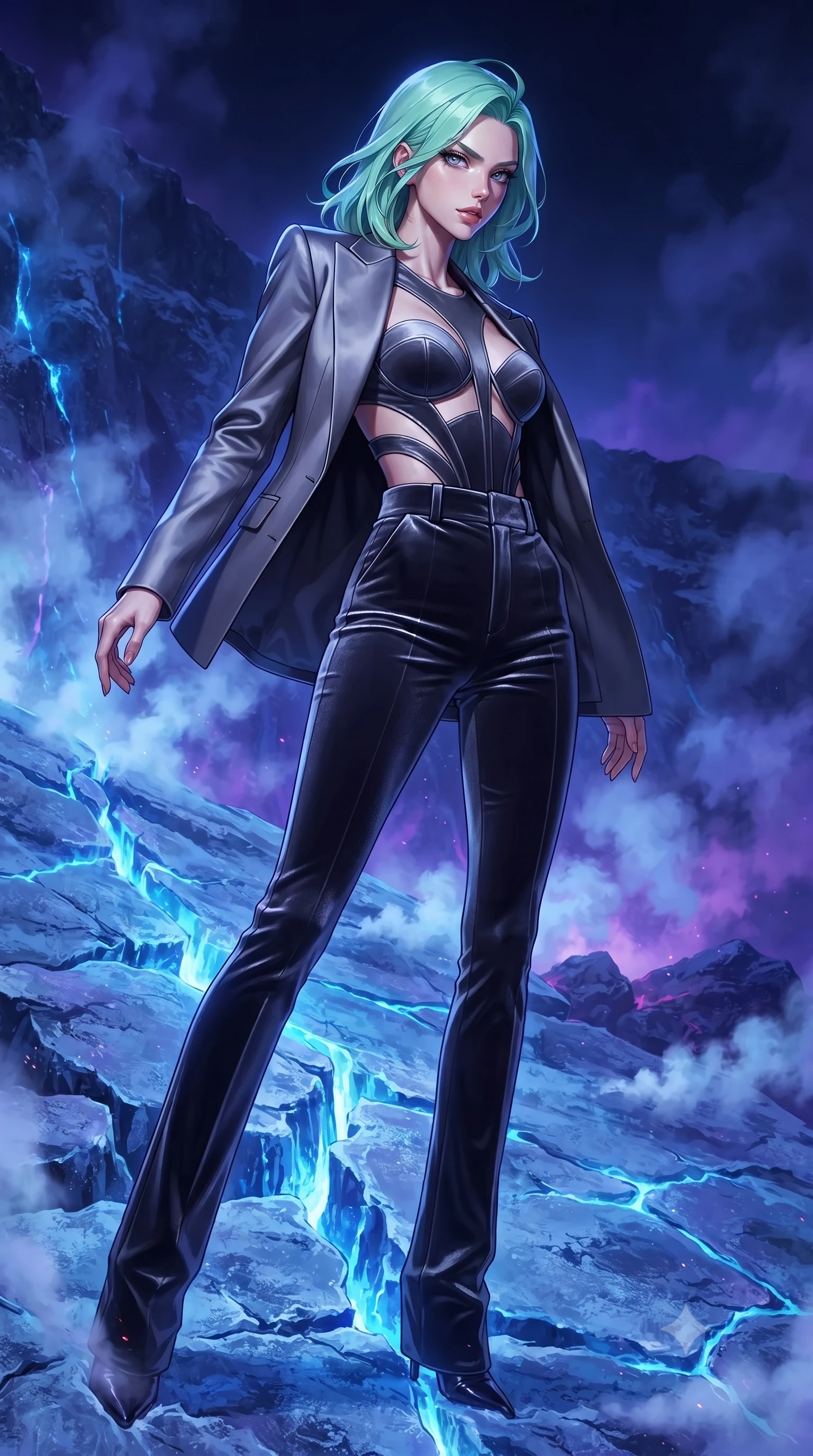 score_9, masterpiece, best quality, ultra-detailed, high-budget anime keyframe, editorial fashion photography, tasteful artistic composition, Japanese woman. low angle full-body shot from head to toe showing her feet, filling the entire 9:16 vertical frame with her statuesque presence, stretching her vertical silhouette. forging dynamically through the scene, her vertical silhouette beautifully stretched poised on a frozen volcanic ash cliff reflecting intense blue magmatic light, steam clouds rising from lava cracks reflecting deep violet and indigo. She has an absolutely perfect, statuesque 8.5-heads proportion, an exceptionally tall and slender model-like female figure with impossibly long slender legs and an ultra-slim waist. sharp v-shaped jawline, high-bridge nose, intricate jewel-like eyes with depth, thick eyelashes, glossy lips with a natural sheen. wearing a tailored silk blazer over a form-contouring top and fitted slacks in charcoal grey and platinum, made of premium stretch velvet with a rich sheen, featuring clean architectural cutouts along her slender torso, the elegant draped fit framing her graceful clavicle and slender torso. bathed in high-contrast blue and violet spectral lighting. highly saturated vibrant anime colors, detailed shading with soft gradients, rich glossy textures, high-contrast stereoscopic depth, volumetric dynamic lighting, master piece, 9:16 ratio