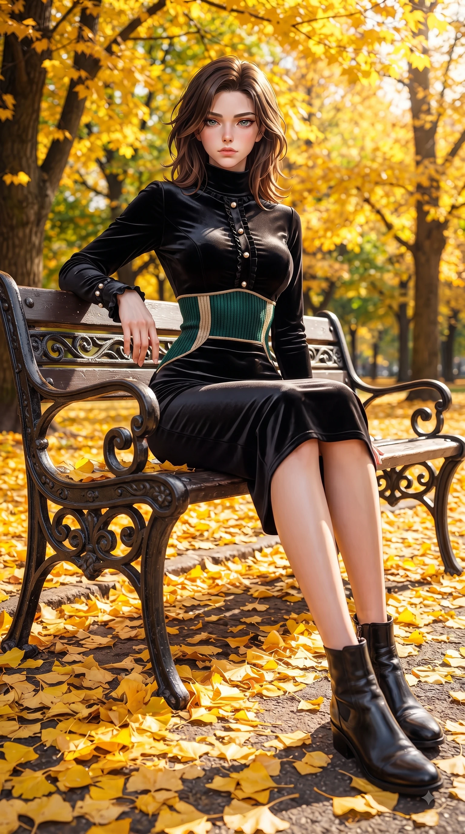score_9, masterpiece, best quality, ultra-detailed, high-budget anime keyframe, editorial fashion photography, tasteful artistic composition, Korean woman. low angle full-body shot from head to toe showing her feet, filling the entire 9:16 vertical frame with her statuesque presence, stretching her vertical silhouette. Cool disdainful expression looking past the camera with effortless superiority and a stoic facial line while sitting on a classic park bench surrounded by a carpet of bright yellow fallen leaves. The surrounding environment is rendered in vivid detail and crisp panoramic clarity. vibrant autumn sunlight scattering through golden leaves with high environmental clarity. She has an absolutely perfect, statuesque 8.5-heads proportion, an exceptionally tall and slender model-like female figure with impossibly long slender legs and an ultra-slim waist. sharp v-shaped jawline, high-bridge nose, intricate jewel-like eyes with depth, thick eyelashes, glossy lips with a natural sheen, flawlessly proportioned anatomical accuracy, natural body alignment, perfectly sculpted elegant limbs, clean dynamic posture without body distortion. wearing a chic black ribbed turtleneck knit dress accentuating her slender waist in deep emerald green and champagne gold, made of premium stretch velvet with a rich glossy sheen, accented with delicate pearl buttons and refined ruffle trims, the form-contouring material accentuating her ultra-slim waist and long lines. surrounded by a crisp, romantic, and vibrant autumn editorial atmosphere. ultra-reflective glossy finish, specular highlights, metallic sheen, high-contrast stereoscopic depth, volumetric dynamic lighting, 2k, ultra detail, master piece, 9:16 ratio