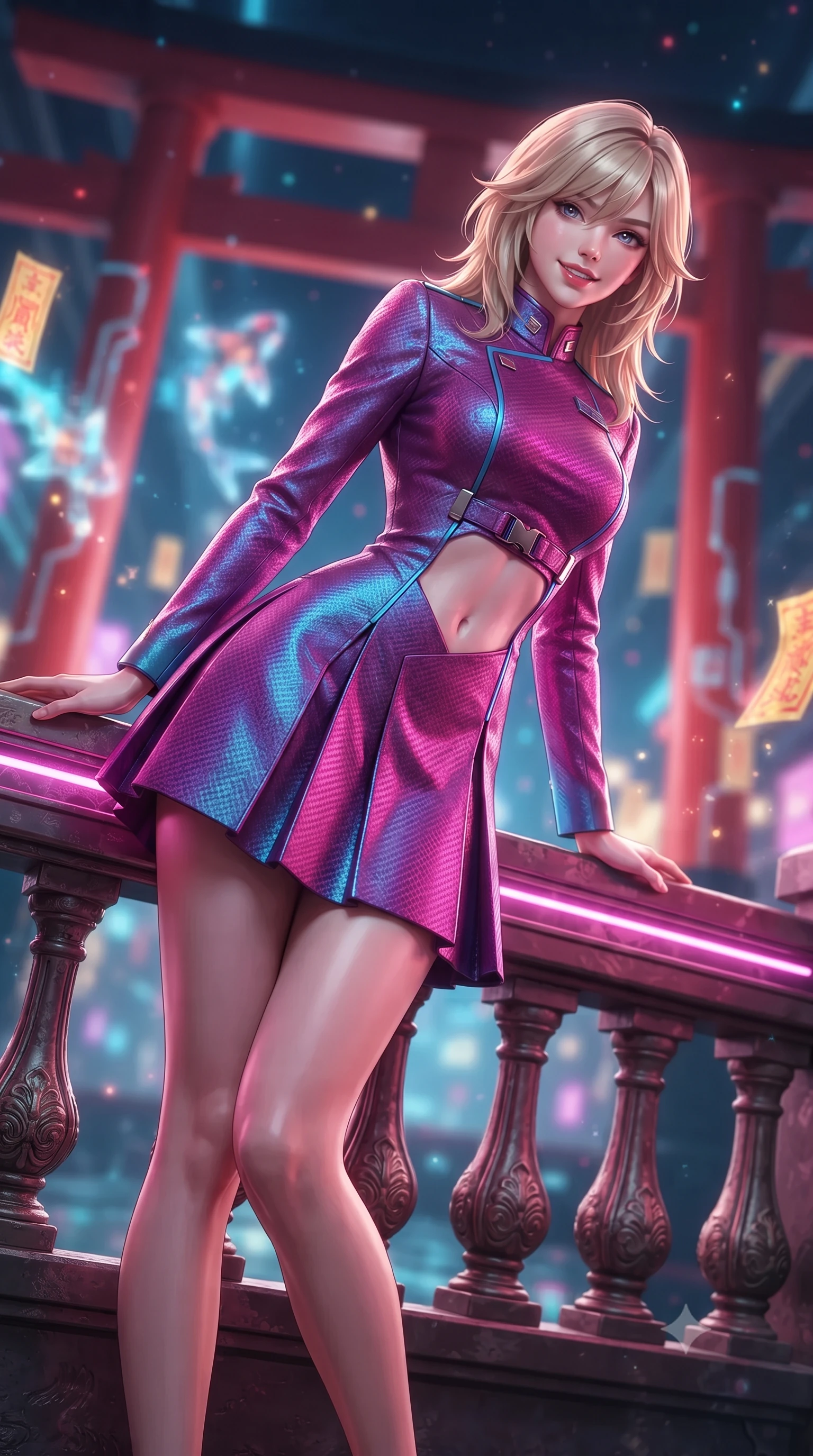 score_9, masterpiece, best quality, ultra-detailed, high-budget anime keyframe, editorial fashion photography, tasteful artistic composition, Japanese woman. low angle full-body shot from head to toe showing her feet, filling the entire 9:16 vertical frame with her statuesque presence, stretching her vertical silhouette. leaning deep against the balcony balustrade with hips cocked back in an unapologetically alluring high-fashion stance, casting an intoxicating glance while twisting her slender torso in an alluring S-curve between glowing ritual energy conduits, ambient magenta reflections tracing her flat midriff and hourglass curves. The background shows a soft-focus towering vermilion Torii gates with pulsing circuit traces, shimmering digital koi holograms, and floating cyber-talismans blurred into ruby, cyan, and gold bokeh. She has an exceptionally tall and slender model-like 8.5-heads proportion, an ultra-slim waist, a flat toned midriff, narrow delicate ribcage, and beautifully sculpted feminine hips creating a graceful, slim hourglass silhouette without any bulky heaviness, with impossibly long slender legs. sharp v-shaped jawline, high-bridge nose, intricate jewel-like sparkling eyes with depth, thick eyelashes, glossy parted lips with a natural peach sheen, bright cheerful beaming smile with an enchanting and coquettish sensual glint, exuding both youthful cute charm and seductive allure, flawlessly proportioned anatomical accuracy, strict slender model proportions, natural body alignment, perfectly sculpted long slender limbs, ultra-slim waistline, clean dynamic posture without body distortion. wearing a structured deep-space commander dress uniform with stand-up mandarin collar and pleated A-line skirt in Neo-Tokyo neon magenta and electric cyan, woven from structured carbon-fiber jacquard with rich textural depth, finished with sleek magnetic buckle closures fluttering in the breeze, the bespoke structured tailoring following the natural line of her 8.5-heads silhouette with refined elegance. illuminated by mirrored water reflection bounce and sharp neon-violet rim lights defining her dewy collarbones, ultra-slim waist, and curvy hips. ultra-reflective glossy finish, specular highlights, rich textural contrasts, high-contrast stereoscopic depth, volumetric dynamic lighting, 2k, ultra detail, master piece, 9:16 ratio