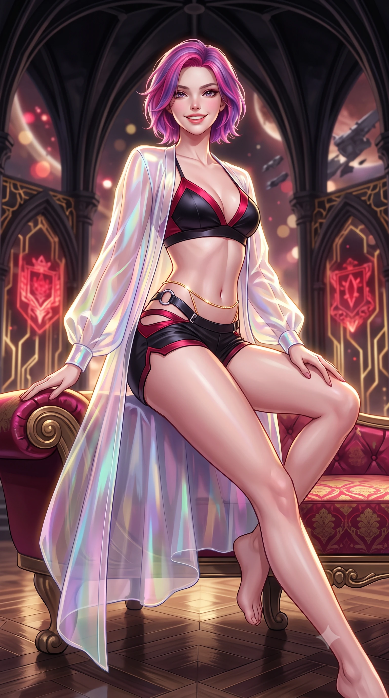 score_9, masterpiece, best quality, ultra-detailed, high-budget anime keyframe, semi-realistic 3D game render, editorial fashion photography, tasteful artistic composition, Caucasian woman. close-up cowboy shot from the waist and thighs up, the character dominates the composition, filling the frame with her large presence. perched sideways on the lounge seat, one knee drawn up to showcase her slender leg line while her arched back accentuates her feminine hip curve while standing poised at the center of the monumental gothic-sci-fi throne room beneath soaring obsidian rib vaults, arching her lower back with sovereign diva charisma. The background shows a soft-focus soaring gothic obsidian arches interlaced with pulsing gold circuits, holographic crimson heraldry, and orbital star battle wreckage blurred into ruby, gold, and champagne bokeh. She has an exceptionally elegant, slender, and willowy female figure with an ultra-slim waist, flat toned midriff, narrow ribcage, and sculpted feminine hips creating an alluring, slim hourglass silhouette without bulk. sharp v-shaped jawline, high-bridge nose, intricate jewel-like sparkling eyes with depth, thick eyelashes, glossy parted lips with a natural peach sheen, bright cheerful beaming smile with an enchanting and coquettish sensual glint, exuding both youthful cute charm and seductive allure, flawlessly proportioned anatomical accuracy, strict slender model proportions, natural body alignment, perfectly sculpted long slender limbs, ultra-slim waistline, clean dynamic posture without body distortion. wearing a translucent iridescent organza tactical robe slipping off bare shoulders over a matching satin micro-bralette and combat shorts in Star-Fortress obsidian black and imperial crimson, adorned with delicate chrome ring hardware and cutouts along her slender waist, accented with a dainty gold belly chain resting across her flat midriff and curving hips, the bespoke structured tailoring following the natural line of her 8.5-heads silhouette with refined elegance. illuminated by polished parquet reflection bounce and sharp gold-plasma rim lights sculpting her jawline, narrow waist, and curvy hips. highly saturated vibrant anime colors, detailed shading with soft gradients, rich glossy textures, high-contrast stereoscopic depth, volumetric dynamic lighting, master piece, 9:16 ratio