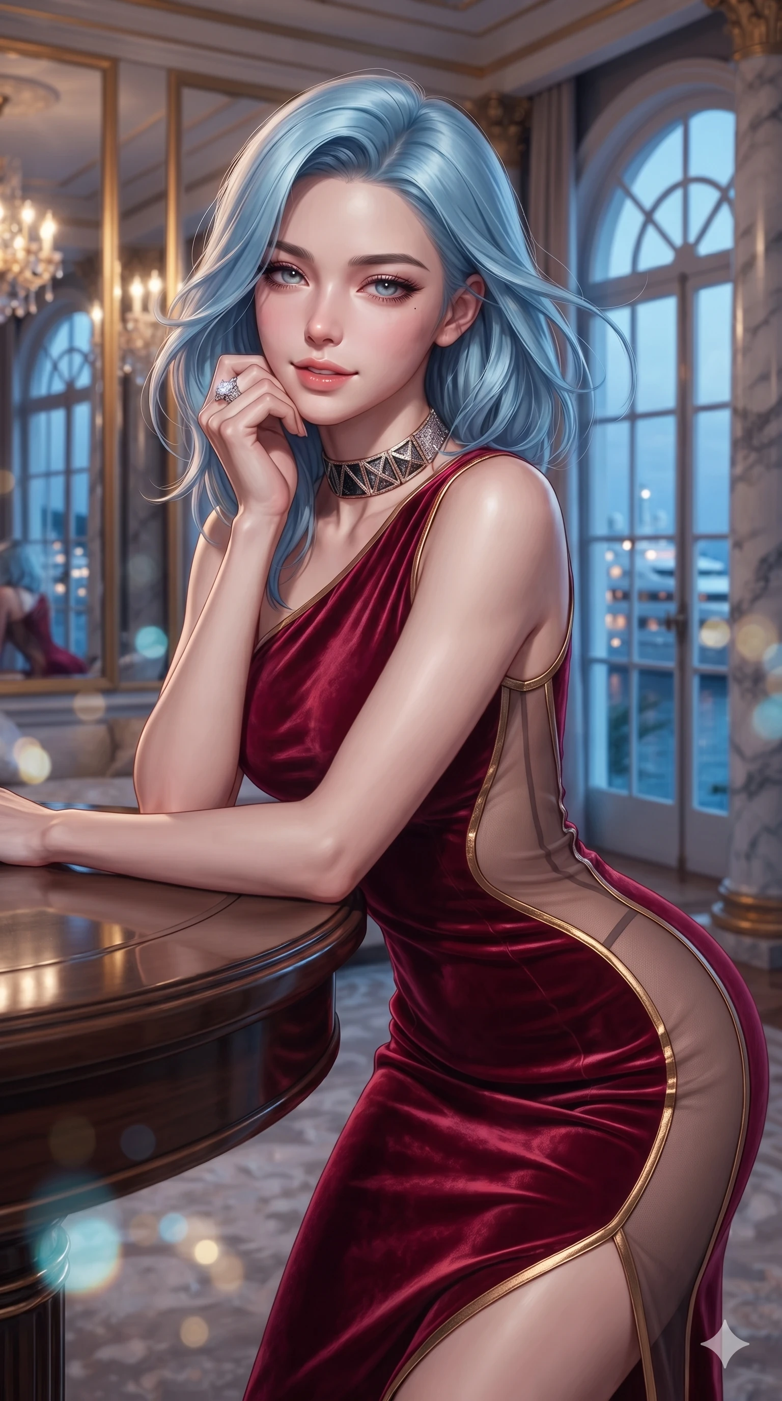 score_9, masterpiece, best quality, ultra-detailed, high-budget anime keyframe, editorial fashion photography, tasteful artistic composition, Korean woman. close-up cowboy shot from the waist and thighs up, the character dominates the composition, filling the frame with her large presence. resting one elbow on the table and supporting her chin, leaning close to the camera with heavy-lidded sparkling eyes and parted lips while turning slowly with an enchanting smoldering smile, her glossy hair tossing in the breeze as her hips angle gracefully before floor-to-ceiling gilded mirrors. The composition keeps background elements in soft focus with creamy bokeh: towering arched windows revealing illuminated Mediterranean yachts, gilded pier mirrors, and fluted marble pillars blurred into sapphire, gold, and aquamarine bokeh. She has an exceptionally elegant, slender, and willowy female figure with an ultra-slim waist, flat toned midriff, narrow ribcage, and sculpted feminine hips creating an alluring, slim hourglass silhouette without bulk. sharp v-shaped jawline, high-bridge nose, intricate jewel-like eyes with depth, thick eyelashes, glossy parted lips with a natural sheen, intensely captivating and seductive bedroom-eyes expression, flawlessly proportioned anatomical accuracy, strict slender model proportions, natural body alignment, perfectly sculpted long slender limbs, ultra-slim waistline, clean dynamic posture without body distortion. wearing a form-contouring cocktail dress with an asymmetrical open shoulder and hip-defining ruching in royal crimson velvet and burnished gold, featuring strategic sheer-illusion tulle side panels framing her ribcage and hips, complemented by a bold geometric choker and sparkling cocktail ring, the form-contouring silhouette accentuating her sculpted flat midriff, narrow delicate ribcage, and gracefully curvy hips with intoxicating allure. illuminated by cool Mediterranean twilight streaming through arched windows mixed with warm interior chandelier bounce. ultra-reflective glossy finish, specular highlights, rich textural contrasts, high-contrast stereoscopic depth, volumetric dynamic lighting, 2k, ultra detail, master piece, 9:16 ratio