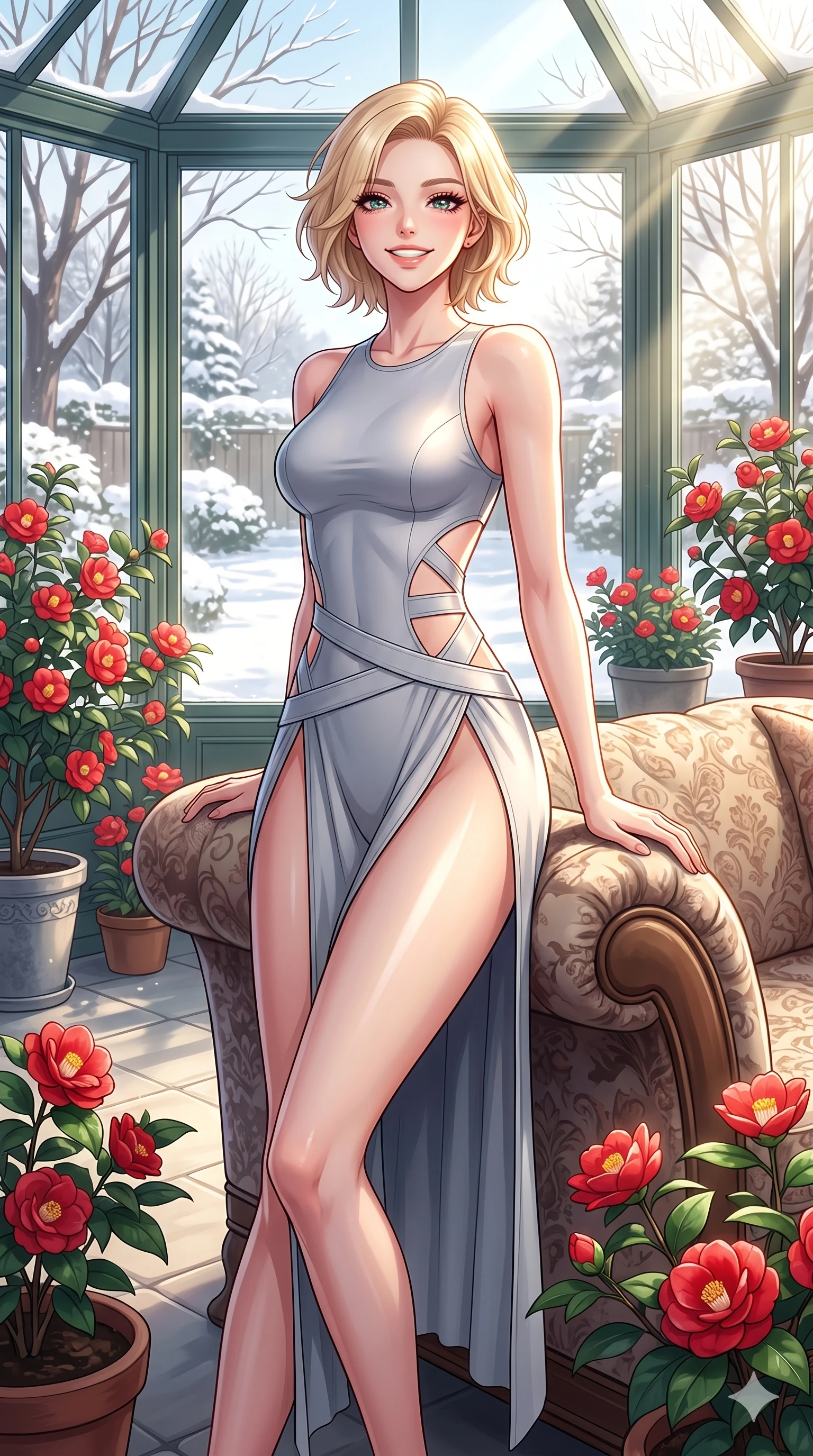 score_9, masterpiece, best quality, ultra-detailed, high-budget anime keyframe, vibrant anime aesthetic, Caucasian woman, strictly human ears. cowboy shot from the thighs up, character and outfit filling the frame for maximum presence. She is leaning back against a sofa with a bright, radiant smile on her face in winter inside a conservatory room with red camellias (Code-P21-111). She has an absolutely perfect 8-heads proportion, an exceptionally tall and slender female figure with impossibly long slender legs and an ultra-slim waist. V-shaped jawline, high-bridge nose, intricate jewel-like eyes with depth, thick eyelashes, glossy lips with a natural sheen. wearing a neoprene bodysuit with side cutouts and high-slit wrap in winter. She is lit from the side by bright winter sun rays, tracing the contours of her body in the morning. 2k, ultra detail, master piece, 9:16 ratio