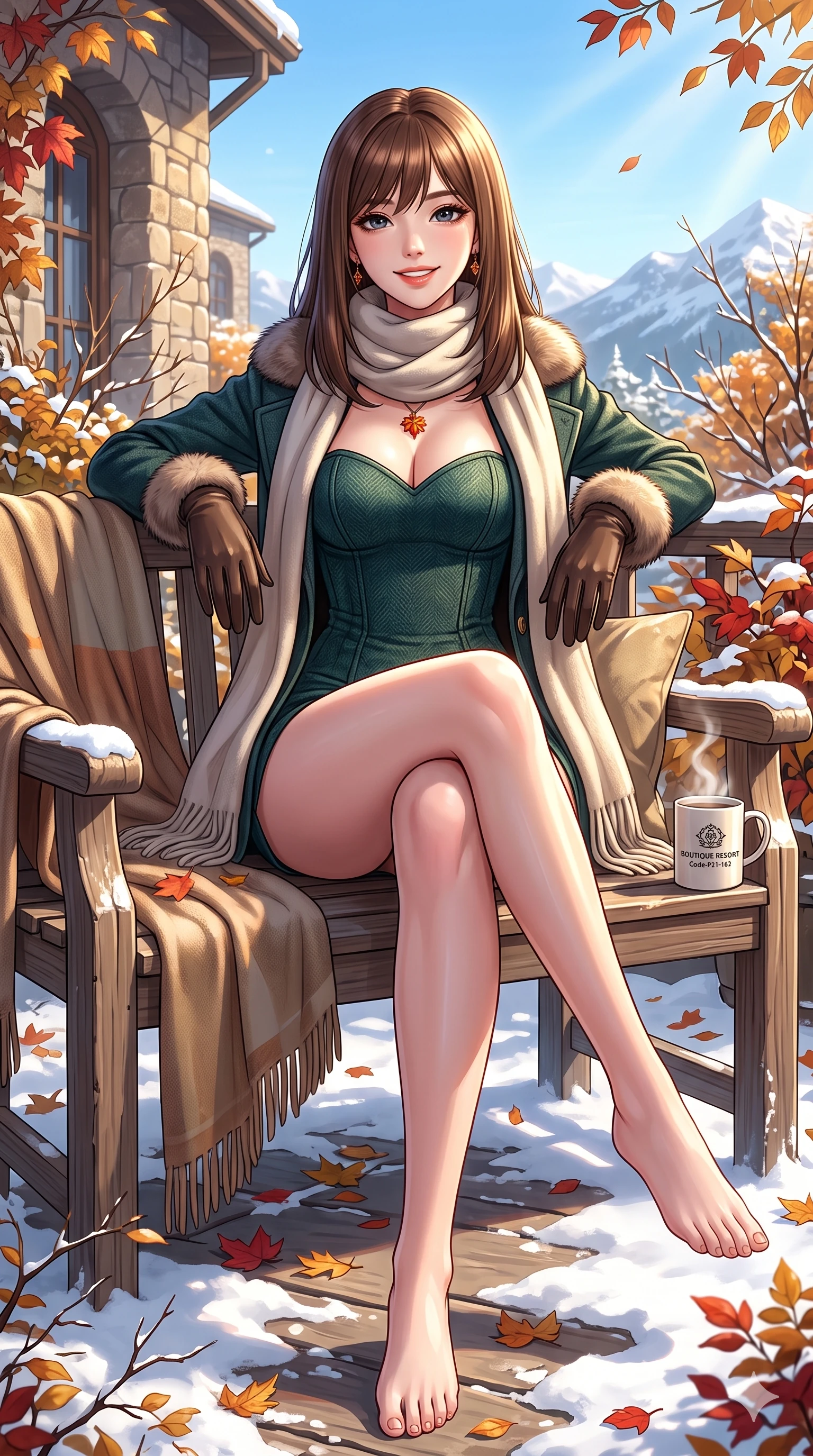score_9, masterpiece, best quality, ultra-detailed, high-budget anime keyframe, vibrant anime aesthetic, Korean woman. cowboy shot from the thighs up, character and outfit filling the frame for maximum presence. She is sitting on a wooden bench, smiling winter cheerfully while enjoying the sun inside a luxury boutique resort patio with autumn colors (Code-P21-162). She has an absolutely perfect 8-heads proportion, an exceptionally tall and slender female figure with impossibly long slender legs and an ultra-slim waist. V-shaped jawline, high-bridge nose, intricate jewel-like eyes with depth, thick eyelashes, glossy lips with a natural sheen. wearing a structured textured bodice with sweetheart neckline with a sweetheart neckline in winter. She is drenched in bright, golden winter sunshine reflecting off the white snow. 2k, ultra detail, master piece, 9:16 ratio