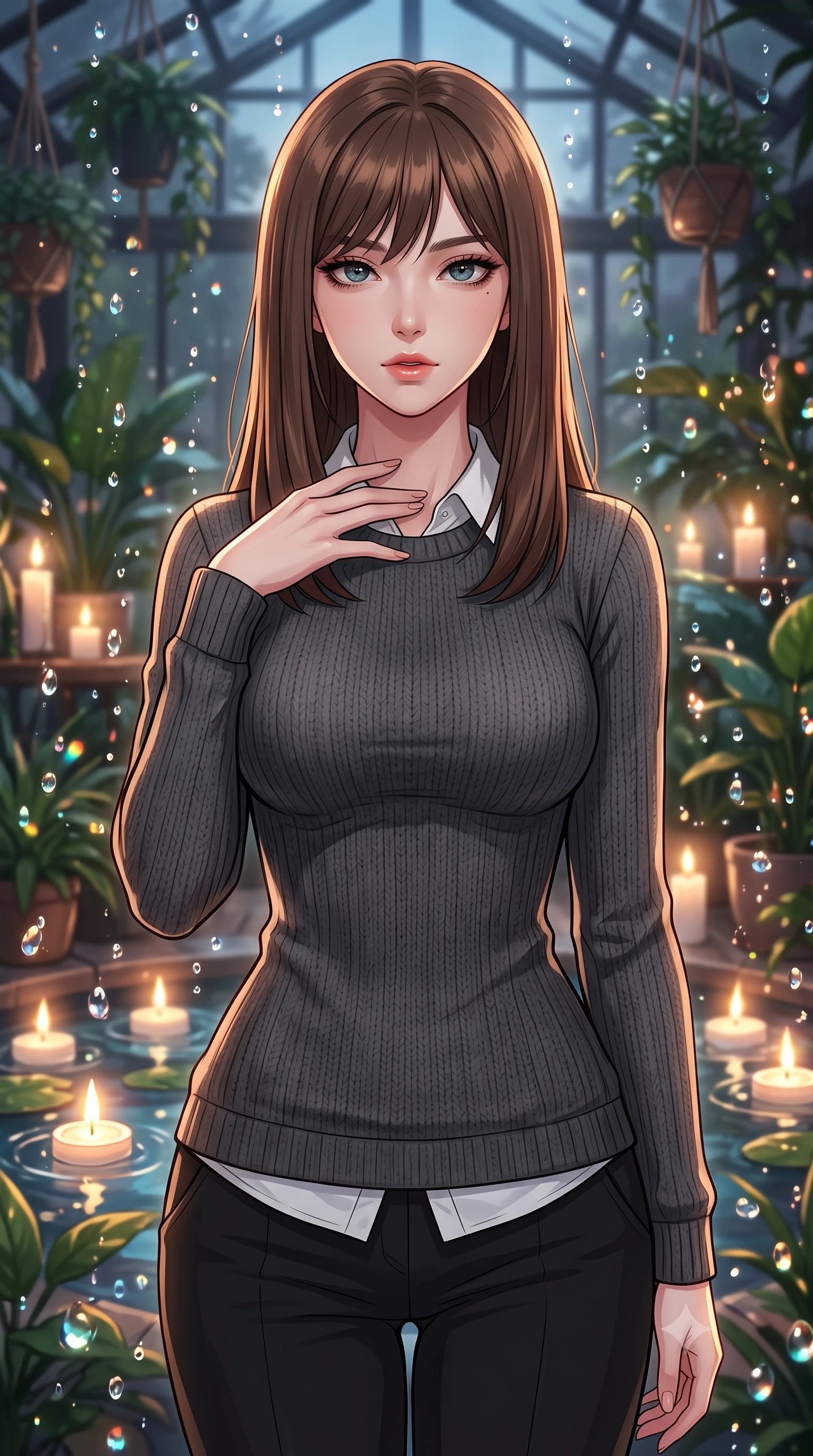 score_9, masterpiece, best quality, ultra-detailed, high-budget anime keyframe, tasteful artistic composition, Korean woman. close-up cowboy shot from the waist and thighs up, the character dominates the composition, filling the frame with her large presence, background elements kept in soft focus. standing with one hand resting on her collarbone, looking at the viewer with bedroom-eyes the background shows a soft-focus a modern greenhouse loft surrounded by rare plants and floating candlelit ponds. She has an exceptionally elegant, slender, and willowy female figure with an ultra-slim waist, a gracefully sculpted slender torso, and a refined silhouette. sharp v-shaped jawline, high-bridge nose, intricate jewel-like eyes with depth, thick eyelashes, glossy lips with a natural sheen. wearing a body-hugging cozy charcoal grey knit sweater over a white collared shirt and black slacks. soft flickering candle glow refracting through the moving water droplets. highly saturated vibrant anime colors, cel-shading, 2d style, master piece, 9:16 ratio