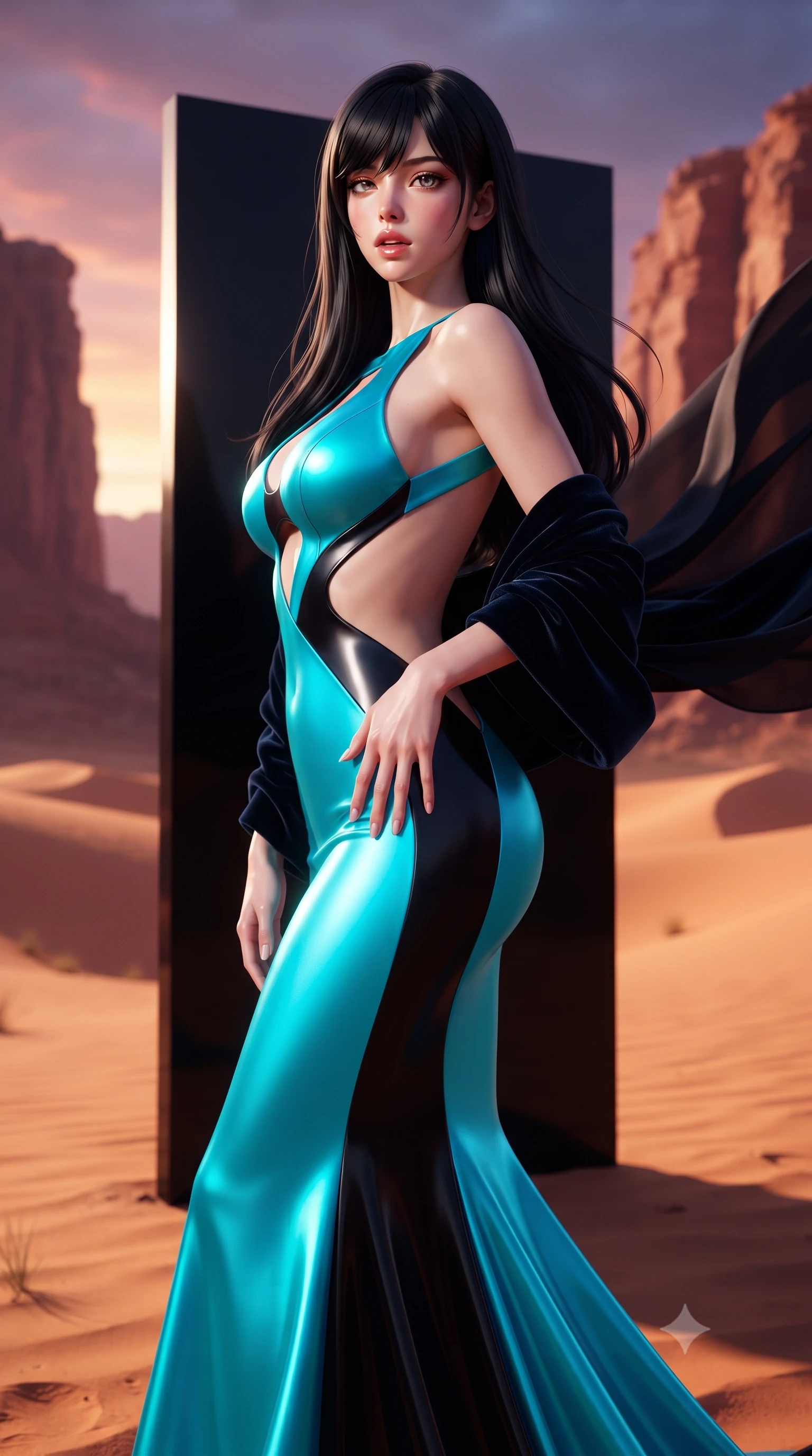 score_9, masterpiece, best quality, ultra-detailed, high-budget anime keyframe, semi-realistic 3D game render, editorial fashion photography, tasteful artistic composition, Caucasian woman. close-up cowboy shot from the waist and thighs up, the character dominates the composition, filling the frame with her large presence. resting one manicured hand delicately on her hip bone, her upper body turning in a fluid, seductive S-curve while parted lips glisten in the light while striding across the desert sand path beside the reflective monolith, her sweeping silk chiffon cape billowing against the red canyon walls. The composition keeps background elements in soft focus with creamy bokeh. ancient wind-carved sandstone cliffs and endless golden dunes blurred into burnt ochre, rose-terracotta, and twilight-violet bokeh. She has an exceptionally elegant, slender, and willowy female figure with an ultra-slim waist, flat toned midriff, narrow ribcage, and sculpted feminine hips creating an alluring, slim hourglass silhouette without bulk. sharp v-shaped jawline, high-bridge nose, intricate jewel-like eyes with depth, thick eyelashes, glossy parted lips with a natural sheen, intensely captivating and seductive bedroom-eyes expression, flawlessly proportioned anatomical accuracy, strict slender model proportions, natural body alignment, perfectly sculpted long slender limbs, ultra-slim waistline, clean dynamic posture without body distortion. wearing a sculptured liquid-satin mermaid gown with an architectural open-waist cutout and bare spine in neon electric cyan and lacquer black, tailored from ultra-smooth duchess satin with a pearlescent sheen, complemented by a plush velvet shawl draped loosely over her elbows, the dramatically scooped open back descending to the base of her spine, accentuating her razor-sharp statuesque lines and slim hourglass silhouette. illuminated by mirror-bounce sunset rays sharply defining her sculpted collarbones, ultra-slim waist, and curvy hips. highly saturated vibrant anime colors, detailed shading with soft gradients, rich glossy textures, high-contrast stereoscopic depth, volumetric dynamic lighting, master piece, 9:16 ratio