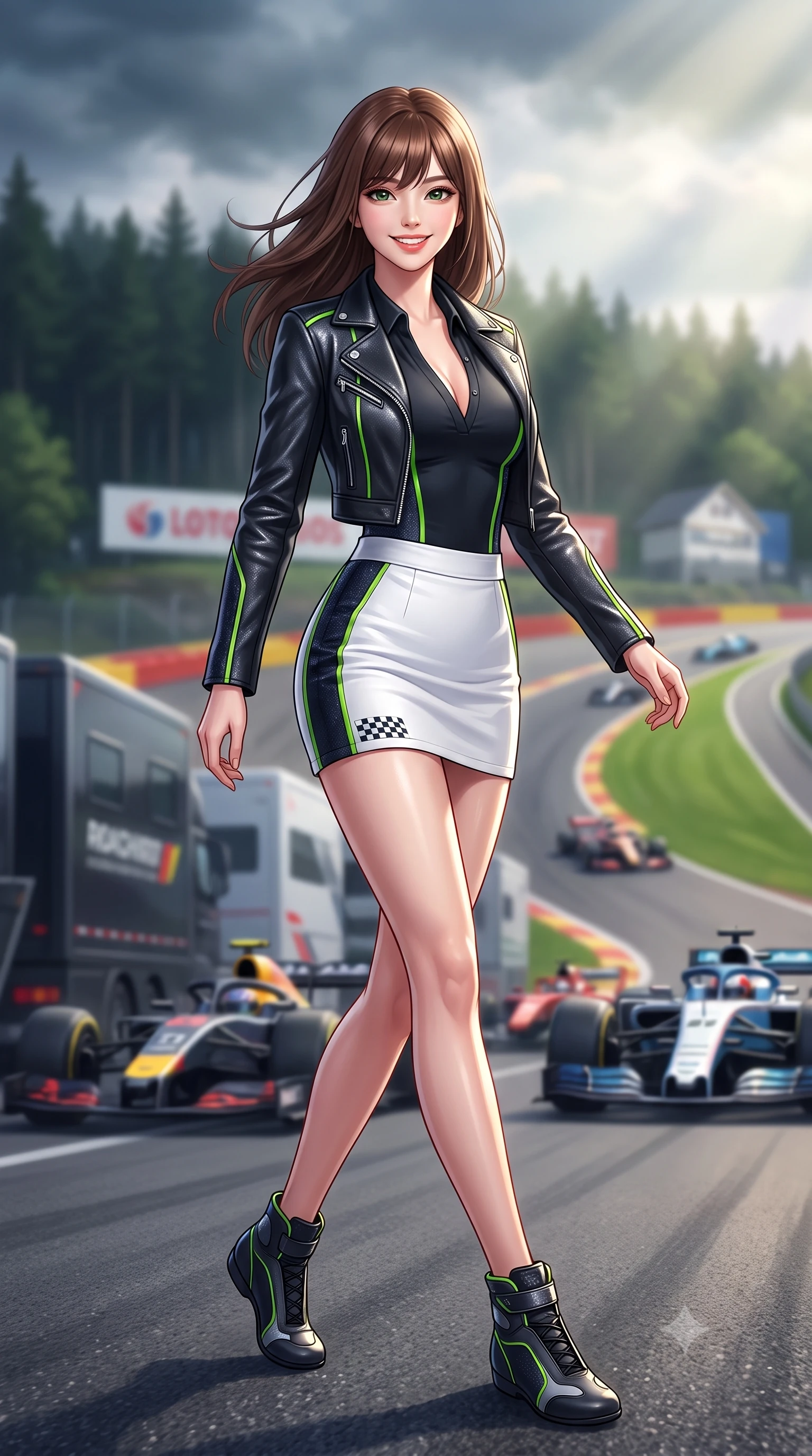score_9, masterpiece, best quality, ultra-detailed, high-budget anime keyframe, semi-realistic 3D game render, editorial fashion photography, tasteful artistic composition, Korean woman. low angle full-body shot from head to toe showing her feet, filling the entire 9:16 vertical frame with her statuesque presence, stretching her vertical silhouette. stepping forward gracefully across the paddock tarmac in mid-motion with a radiant beaming smile, hips swaying in an alluring kinetic rhythm that accentuates her curvy hourglass silhouette and long slender legs while twisting her slender torso in an alluring S-curve as race cars compress through the legendary corner, wind sculpting her suit to her curves. The background shows a soft-focus distant racing trailers and race cars disappearing up Raidillon softened in legendary European racing shallow focus. She has an absolutely perfect, statuesque 8.5-heads proportion, an exceptionally tall and slender model-like female figure with impossibly long slender legs, an ultra-slim waist, a flat toned midriff, narrow delicate ribcage, and beautifully sculpted feminine hips creating a graceful, slim hourglass silhouette without any bulky heaviness. sharp v-shaped jawline, high-bridge nose, sparkling eyes with athletic focus and depth, thick curled eyelashes, glossy parted lips with a natural coral-peach sheen, bright confident and coquettish smile with alluring bedroom-eyes, exuding both youthful sporty vigor and sovereign high-society glamour, flawlessly proportioned anatomical accuracy, strict slender model proportions, natural body alignment, perfectly sculpted long slender limbs, ultra-slim waistline, clean dynamic posture without body distortion. wearing a cropped leather motorcycle jacket worn over a plunging polo bodysuit and tailored white micro-skirt in deep midnight carbon and luminous lime green piping, woven from metallic lurex and technical nylon with subtle starlight glints, finished with contrasting racing stripe tape and subtle checkered flag embroidery, the form-contouring athletic cut accentuating her sculpted flat midriff, narrow delicate ribcage, and gracefully curvy hips with supermodel precision. bathed in dynamic shifting Ardennes sunbeams breaking through moody forest clouds. highly saturated vibrant anime colors, detailed shading with soft gradients, rich glossy textures, high-contrast stereoscopic depth, volumetric dynamic lighting, master piece, 9:16 ratio