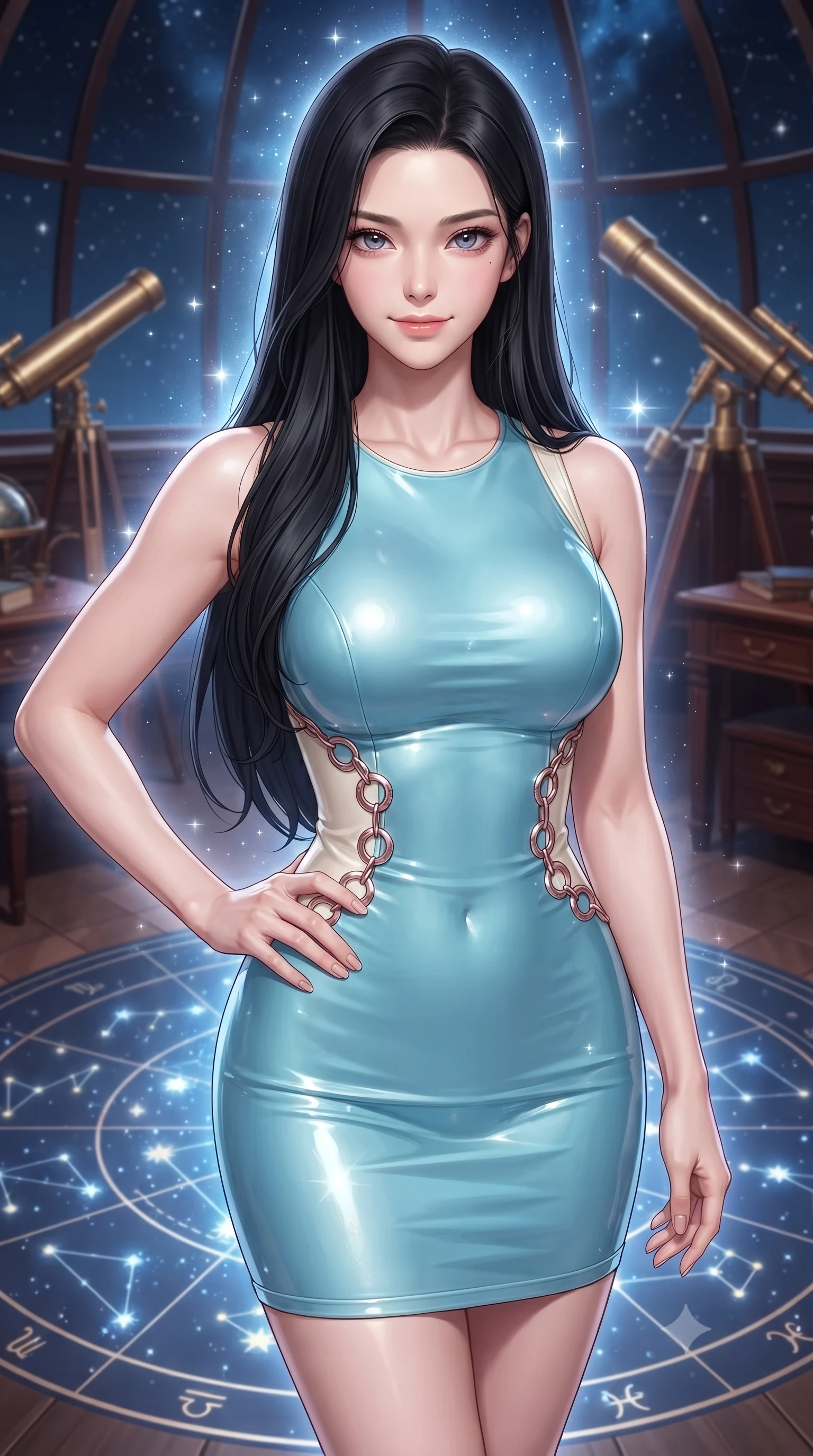 score_9, masterpiece, best quality, ultra-detailed, high-budget anime keyframe, editorial fashion photography, tasteful artistic composition, Korean woman. close-up cowboy shot from the waist and thighs up, the character dominates the composition, filling the frame with her large presence, background elements kept in soft focus. Smiling with quiet, magnetic self-assurance directly into the camera, poised on a zodiac constellation floor illuminated by glowing star maps, polished brass telescope and mahogany furniture glinting under key light. She has an exceptionally elegant, slender, and willowy female figure with an ultra-slim waist, a gracefully sculpted slender torso, and a refined silhouette. sharp v-shaped jawline, high-bridge nose, intricate jewel-like eyes with depth, thick eyelashes, glossy lips with a natural sheen. wearing precision-fitted bodycon dress in high-gloss liquid pearl vinyl in sky blue turquoise, made of polished ivory leather, trimmed with rose-gold ring hardware along the waist contours, sculpting her athletic slender build with refined precision. surrounded by a glowing starlight aura with sharp specular highlights. ultra-reflective glossy finish, specular highlights, metallic sheen, high-contrast stereoscopic depth, volumetric dynamic lighting, 2k, ultra detail, master piece, 9:16 ratio