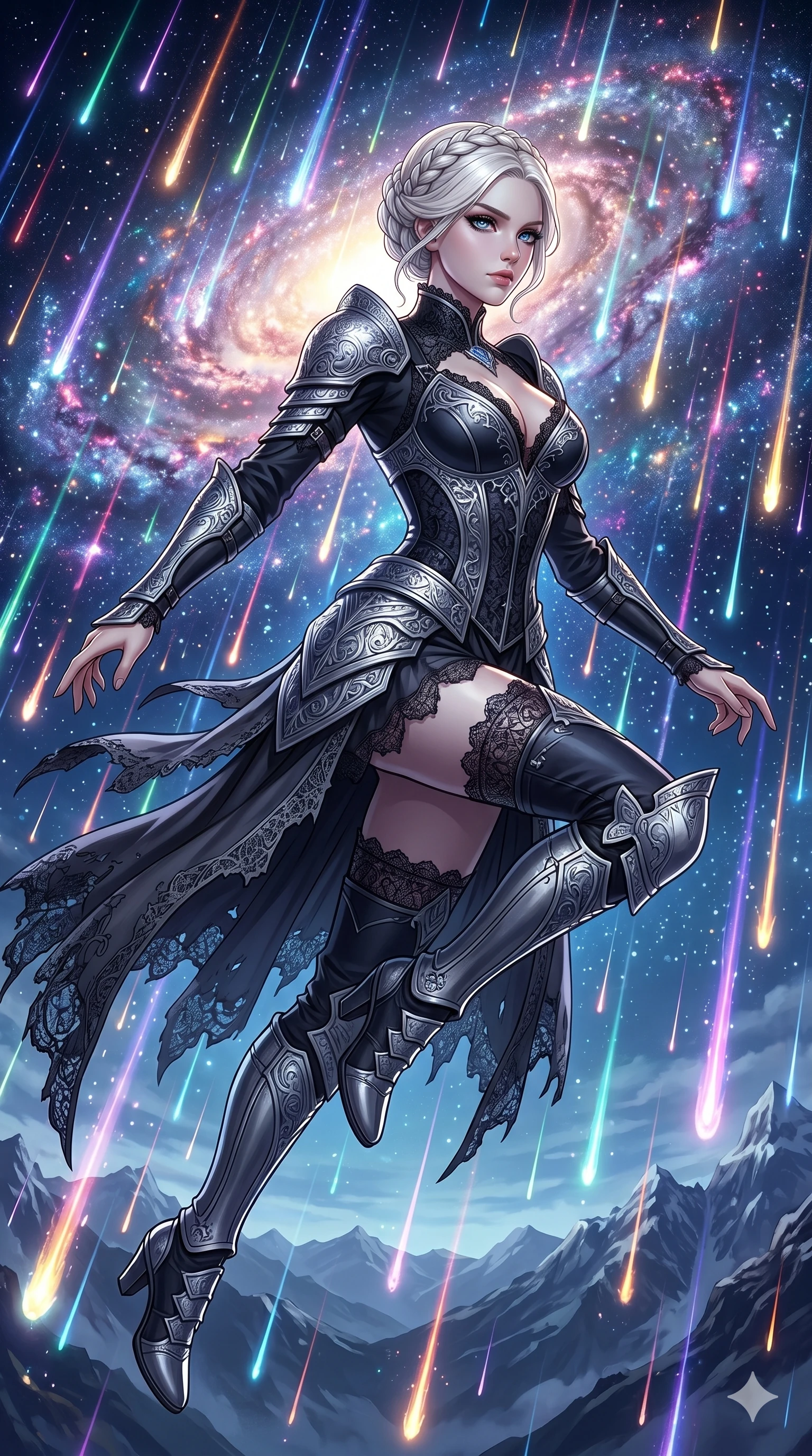 score_9, masterpiece, best quality, ultra-detailed, Set C: High-budget Anime Keyframe, Korean woman. Low angle cowboy shot filling the entire 9:16 frame with her statuesque presence. Leaping through a curtain of falling stars on a mountain peak at night. She has an absolutely perfect 8-heads proportion, an exceptionally tall and slender female figure with elegant long slender legs and an slender waist. Sharp v-shaped jawline, high-bridge nose, intricate jewel-like eyes with depth, thick eyelashes, glossy lips. Wearing a Dark Fantasy outfit: gothic lace corset with silver armor and a v-neckline. Background is a bright and colorful night sky with thousands of meteors and a glowing galaxy. 2k, ultra detail, master piece, 9:16 ratio