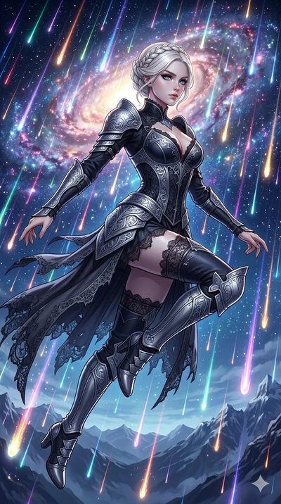 score_9, masterpiece, best quality, ultra-detailed, Set C: High-budget Anime Keyframe, Korean woman. Low angle cowboy shot filling the entire 9:16 frame with her statuesque presence. Leaping through a curtain of falling stars on a mountain peak at ni