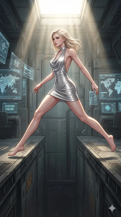 score_9, masterpiece, best quality, ultra-detailed, high-budget anime keyframe, editorial fashion photography, tasteful artistic composition, Caucasian woman, strictly human ears. low angle full-body shot from head to toe showing her feet, filling th