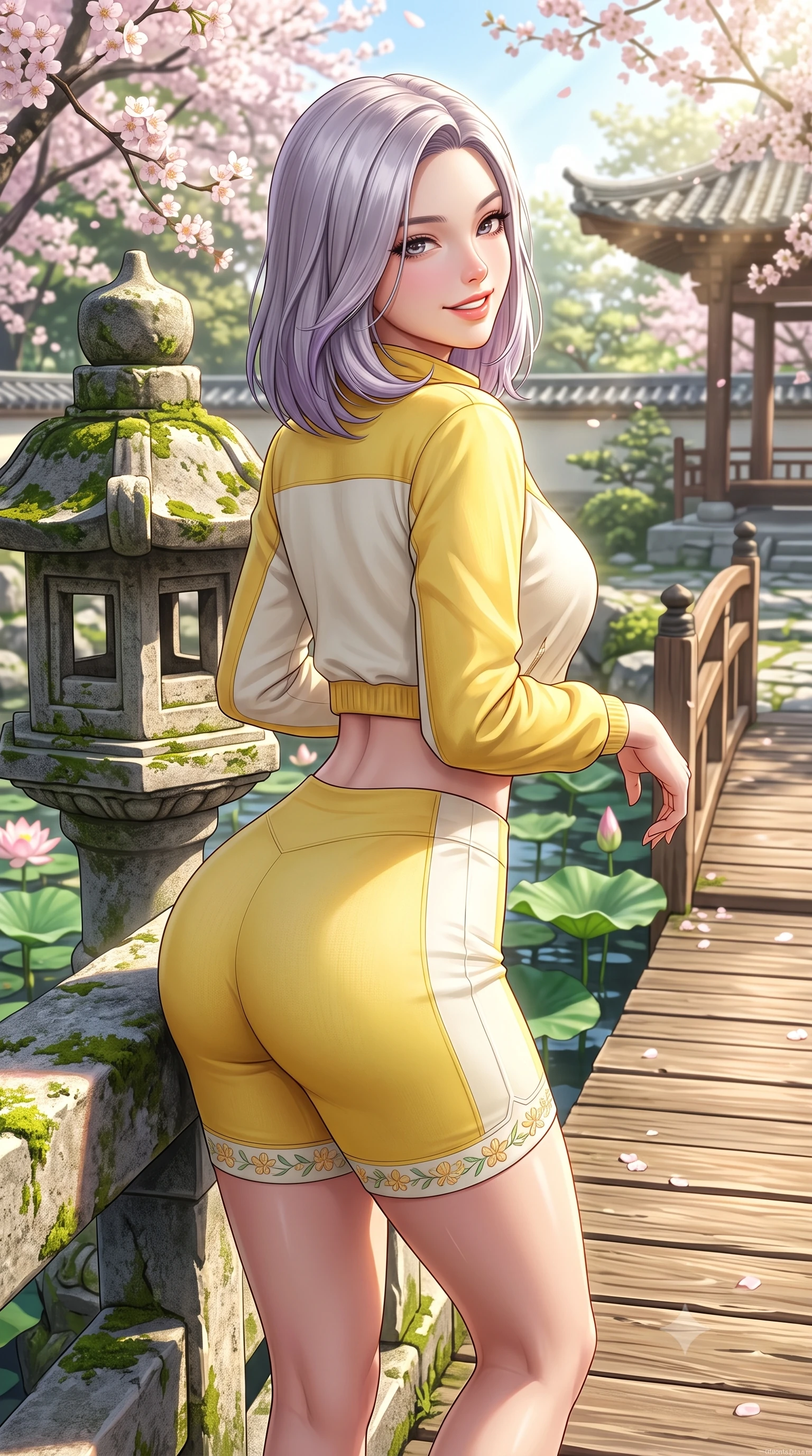 score_9, masterpiece, best quality, ultra-detailed, high-budget anime keyframe, semi-realistic 3D game render, editorial fashion photography, tasteful artistic composition, Caucasian woman. close-up cowboy shot from the waist and thighs up, the character dominates the composition, filling the frame with her large presence. leaning back against the sunlit railing with relaxed seductive grace, her flat midriff and narrow waist highlighted as she smiles brightly with bewitching eyes while leaning against a moss-covered stone lantern with hips cocked back, looking over a bare shoulder with an enchanting, playful gaze. The surrounding environment is rendered in vivid detail and crisp panoramic clarity. sharp stone lantern textures, wooden footbridge plank grain, and lotus leaf water caustics in deep focus. She has an exceptionally elegant, slender, and willowy female figure with an ultra-slim waist, flat toned midriff, narrow ribcage, and sculpted feminine hips creating an alluring, slim hourglass silhouette without bulk. sharp v-shaped jawline, high-bridge nose, intricate jewel-like sparkling eyes with depth, thick eyelashes, glossy parted lips with a natural peach sheen, bright cheerful beaming smile with an enchanting and coquettish sensual glint, exuding both youthful cute charm and seductive allure, flawlessly proportioned anatomical accuracy, strict slender model proportions, natural body alignment, perfectly sculpted long slender limbs, ultra-slim waistline, clean dynamic posture without body distortion. wearing a sporty chic zip-up crop jacket paired with high-waisted biker shorts clinging to her athletic hips in bright butter yellow and fresh cream white, crafted from soft breathable linen with effortless natural drape, complemented by delicate embroidered floral trim along the hem, the glove-like silhouette tightly following the natural contour of her hips and long slender legs with youthful 8.5-heads elegance. bathed in bright morning spring sunlight scattering through blooming flower canopies. highly saturated vibrant anime colors, detailed shading with soft gradients, rich glossy textures, high-contrast stereoscopic depth, volumetric dynamic lighting, master piece, 9:16 ratio