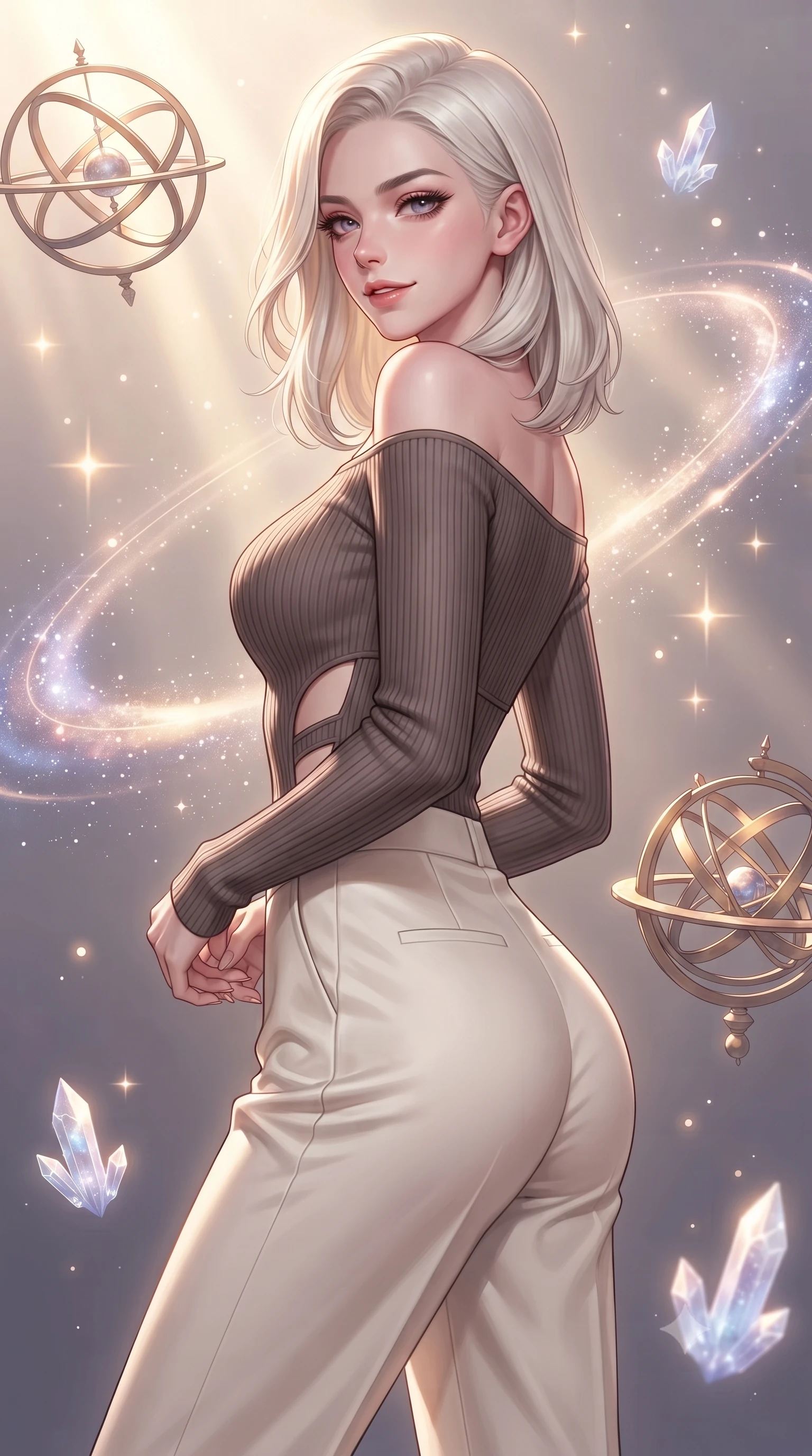 score_9, masterpiece, best quality, ultra-detailed, high-budget anime keyframe, editorial fashion photography, tasteful artistic composition, Caucasian woman. close-up cowboy shot from the waist and thighs up, the character dominates the composition, filling the frame with her large presence, background elements kept in soft focus. Glancing sidelong over her shoulder with a smoldering half-smile and heavy lashes surrounded by floating armillary spheres and glowing starlight crystals, swirling galaxy dust creating luminous arcs in the air. She has an exceptionally elegant, slender, and willowy female figure with an ultra-slim waist, a gracefully sculpted slender torso, and a refined silhouette. sharp v-shaped jawline, high-bridge nose, intricate jewel-like eyes with depth, thick eyelashes, glossy lips with a natural sheen. wearing a sleek off-shoulder ribbed knit top paired with high-waist tailored pants in muted taupe and soft ivory, crafted from smooth liquid silk, featuring clean architectural cutouts along her slender torso, the glove-like fit emphasizing her statuesque silhouette. bathed in warm sunbursts filtering through floating orbital rings. highly saturated vibrant anime colors, detailed shading with soft gradients, rich glossy textures, high-contrast stereoscopic depth, volumetric dynamic lighting, master piece, 9:16 ratio