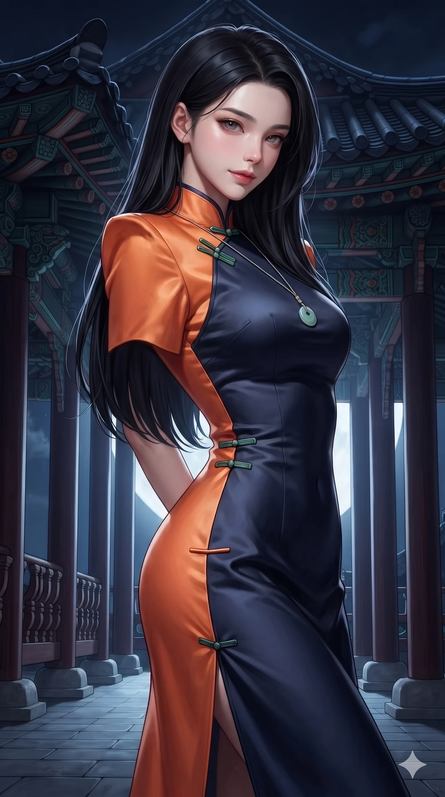 score_9, masterpiece, best quality, ultra-detailed, high-budget anime keyframe, editorial fashion photography, tasteful artistic composition, Korean woman. close-up cowboy shot from the waist and thighs up, the character dominates the composition, filling the frame with her large presence. twisting her slender torso in a deep contrapposto stance, hips dramatically shifted to accentuate her feminine curves while looking past her shoulder with smoldering bedroom-eyes while twisting her slender torso in an alluring S-curve beside the curved roof eaves, moonlight tracing her narrow waist and rounded hips. The surrounding environment is rendered in vivid detail and crisp panoramic clarity: detailed backless silk halter leotard tailoring, norigae tassel accents, and royal pavilion architecture in razor-sharp precision. She has an exceptionally elegant, slender, and willowy female figure with an ultra-slim waist, flat toned midriff, narrow ribcage, and sculpted feminine hips creating an alluring, slim hourglass silhouette without bulk. sharp v-shaped jawline, high-bridge nose, sparkling eyes with hypnotic seductive depth, thick curled eyelashes, glossy parted lips with a natural dewy peach sheen, alluring bedroom-eyes with an enchanting coquettish smile, exuding magnetic siren charisma and sophisticated glamour, flawlessly proportioned anatomical accuracy, strict slender model proportions, natural body alignment, perfectly sculpted long slender limbs, ultra-slim waistline, clean dynamic posture without body distortion. wearing a refined high-collar fusion qipao evening column gown with structured shoulders and modest jade toggle clasps in sunset tangerine orange and deep navy indigo, tailored from heavy double-faced silk faille with an exceptionally fluid drape, finished with a minimalist celadon porcelain pendant on a fine silk cord, the impeccably tailored cut draping gracefully along her slender figure with aristocratic eastern poise. bathed in high-contrast full-moon light streaming horizontally between veranda pillars. ultra-reflective glossy finish, specular highlights, rich textural contrasts, high-contrast stereoscopic depth, volumetric dynamic lighting, 2k, ultra detail, master piece, 9:16 ratio