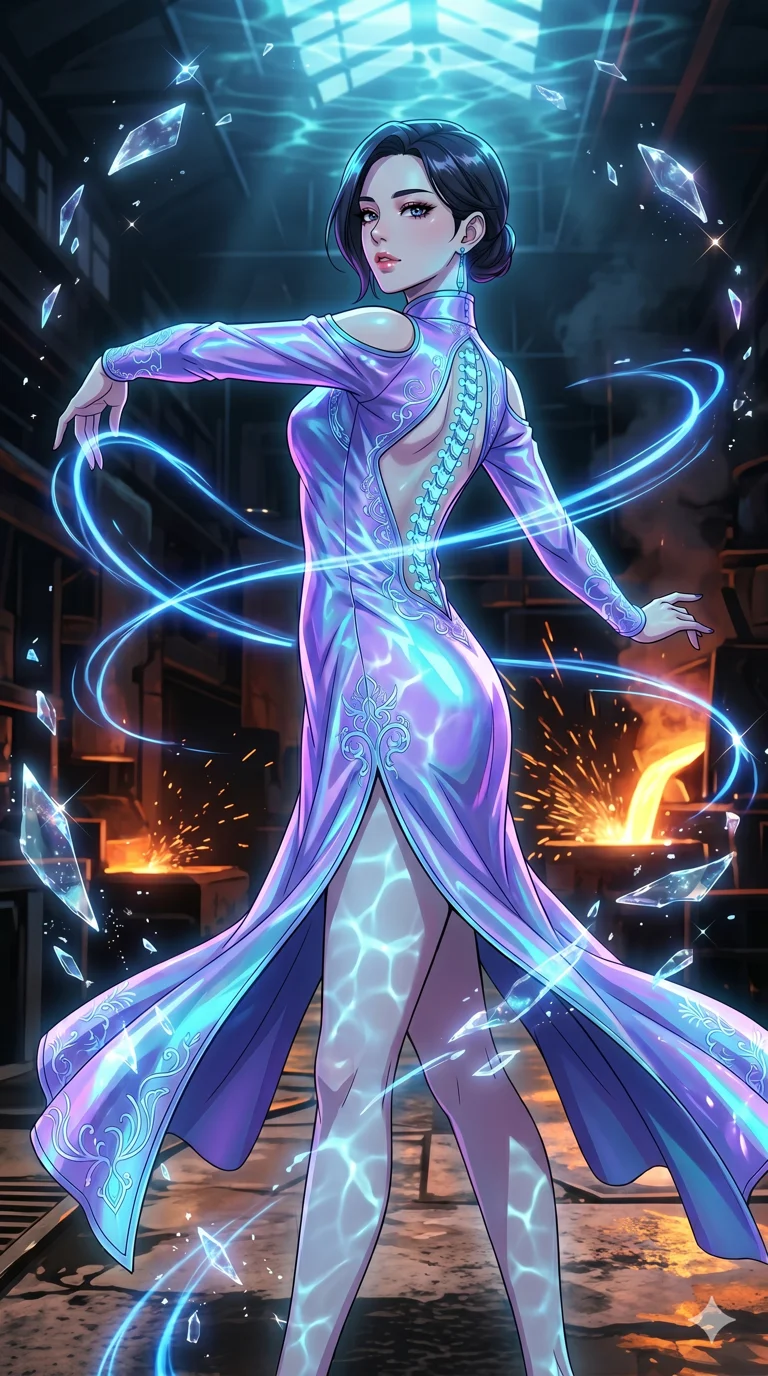 score_9, masterpiece, best quality, ultra-detailed, High-budget Anime Keyframe, vibrant colors, fluid line-art, expressive lighting, cinematic composition, Ufotable-style visual effects, top-tier animation quality, Korean woman with idol-like refined features. Cinematic low angle perspective showcasing her towering height and perfect 8-heads proportion. Dancing gracefully with floating data-shards and crystalline fragments in a minimalist digital void, her movements leaving trails of glowing blue light. She has an absolutely perfect 8-heads proportion, an exceptionally tall and slender female figure with impossibly long slender legs and an ultra-slim waist, her statuesque height and towering silhouette dominating the vertical 9:16 frame. Her face is a masterpiece featuring a sharp v-shaped jawline, high-bridge nose, intricate jewel-like eyes with depth, thick eyelashes, and glossy lips with a natural sheen. She is wearing a Cyberpunk neon-lit qipao with a dangerous high slit and intricate digital embroidery crafted from Iridescent vinyl with a futuristic sheen that shifts between violet and cyan, boasting shoulder cut-outs and a glowing spinal interface visible through the back. The scene is set in a gritty industrial factory with glowing molten metal, flying sparks, and deep shadows, illuminated by underwater caustic lighting with ripples of light dancing across her body. 2k, ultra detail, master piece, 9:16 ratio