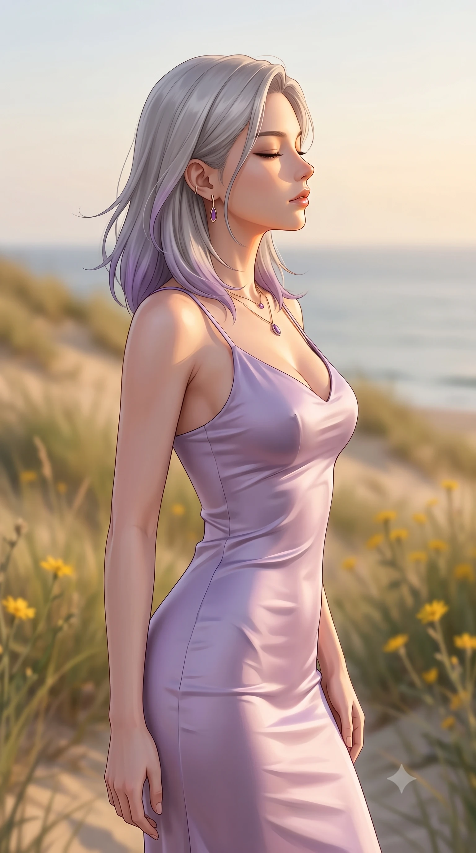 score_9, masterpiece, best quality, ultra-detailed, high-budget anime keyframe, editorial fashion photography, tasteful artistic composition, Caucasian woman woman. close-up cowboy shot from the waist and thighs up, the character dominates the composition, filling the frame with her large presence, background elements kept in soft focus. turning her face in profile to catch the warm sunlight on her cheek, eyes softly closed the background shows a soft-focus a grassy dune on the beach with wild yellow flowers overlooking a quiet sea. She has an exceptionally elegant, slender, and willowy female figure with an ultra-slim waist, a gracefully sculpted slender torso, and a refined silhouette. sharp v-shaped jawline, high-bridge nose, intricate jewel-like eyes with depth, thick eyelashes, glossy lips with a natural sheen. wearing a form-contouring form-fitting slip dress in soft lavender satin, tracing her willowy silhouette. warm golden afternoon sunlight bathing the landscape in a soft glow. 2k, ultra detail, master piece, 9:16 ratio