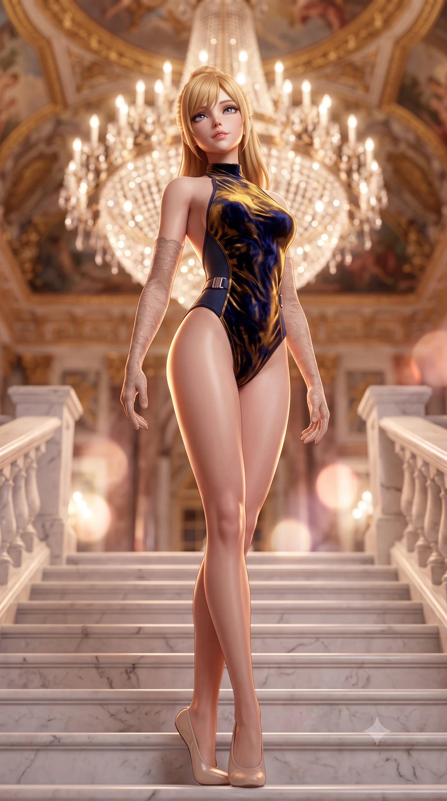 score_9, masterpiece, best quality, ultra-detailed, high-budget anime keyframe, semi-realistic 3D game render, editorial fashion photography, tasteful artistic composition, Caucasian woman. low angle full-body shot from head to toe showing her feet, filling the entire 9:16 vertical frame with her statuesque presence, stretching her vertical silhouette. sitting poised on the stone steps with one knee bent, arching her spine with supermodel elegance as she glances upward through thick eyelashes while standing poised on the grand white marble staircase in a perfect ballet fifth position, arching her back with breathtaking prima ballerina grace. The background shows a soft-focus colossal multi-tiered crystal chandeliers, gilded baroque ceiling murals, and marble balustrades blurred into champagne, amber, and rose-gold bokeh. She has an absolutely perfect, statuesque 8.5-heads proportion, an exceptionally tall and slender model-like female figure with impossibly long slender legs, an ultra-slim waist, a flat toned midriff, narrow delicate ribcage, and beautifully sculpted feminine hips creating a graceful, slim hourglass silhouette without any bulky heaviness. sharp v-shaped jawline, high-bridge nose, sparkling eyes with hypnotic seductive depth, thick curled eyelashes, glossy parted lips with a natural dewy peach sheen, alluring bedroom-eyes with an enchanting coquettish smile, exuding magnetic siren charisma and sophisticated glamour, flawlessly proportioned anatomical accuracy, strict slender model proportions, natural body alignment, perfectly sculpted long slender limbs, ultra-slim waistline, clean dynamic posture without body distortion. wearing a slinky backless halterneck tactical leotard with micro-ripstop side panels and quick-release chrome buckles in molten liquid gold and midnight indigo, tailored from ultra-plush velvet with rich tactile depth and deep shadow gradients, complemented by sheer opera-length lace evening gloves tracing her slender arms, the second-skin tailored fabric adhering flawlessly to her sculpted flat midriff and slender torso, emphasizing her long leg lines and perfectly proportioned willowy build. illuminated by polished marble bounce and sharp warm-gold rim lights sculpting her razor-sharp jawline, narrow waist, and curvy hips. highly saturated vibrant anime colors, detailed shading with soft gradients, rich glossy textures, high-contrast stereoscopic depth, volumetric dynamic lighting, master piece, 9:16 ratio