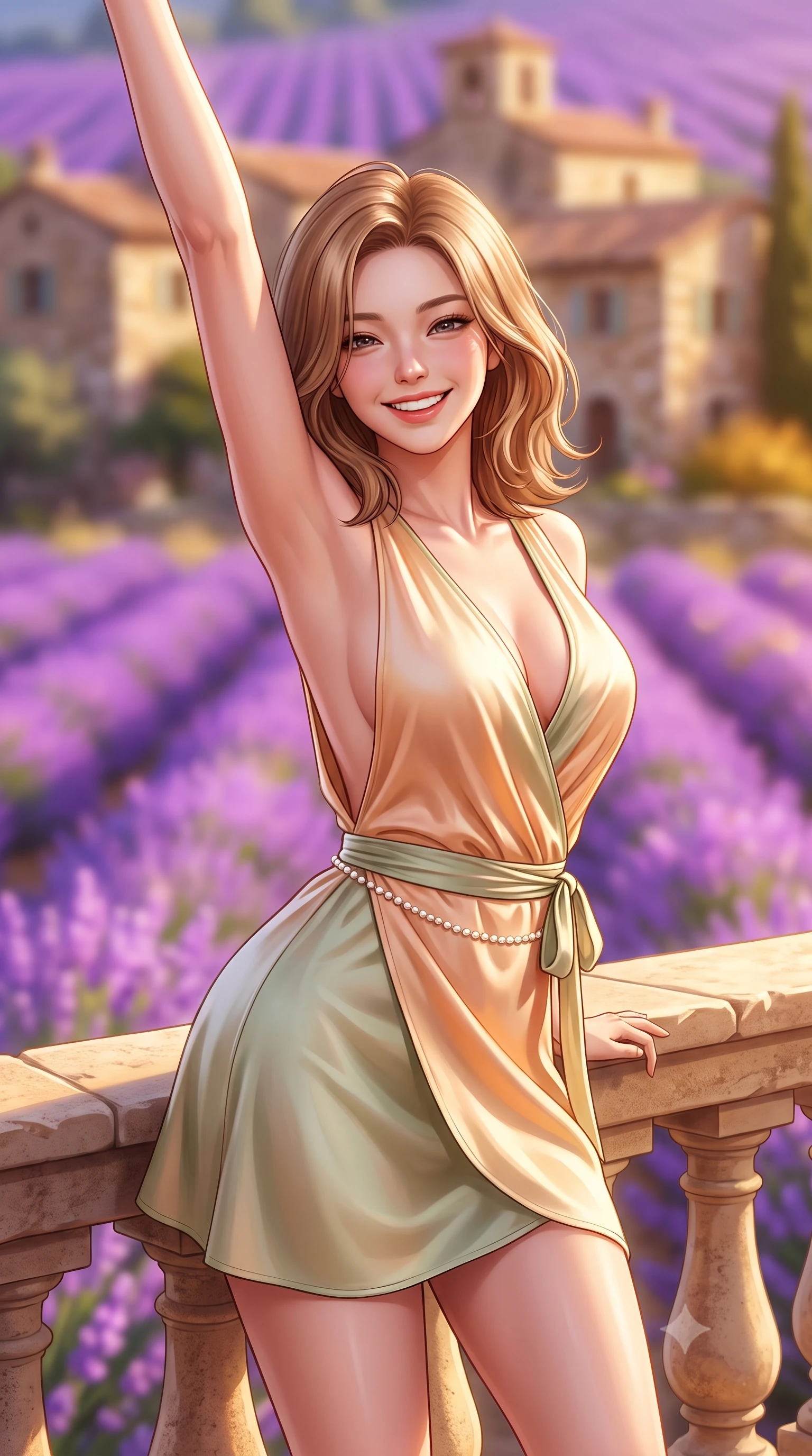 score_9, masterpiece, best quality, ultra-detailed, high-budget anime keyframe, semi-realistic 3D game render, editorial fashion photography, tasteful artistic composition, Korean woman. close-up cowboy shot from the waist and thighs up, the character dominates the composition, filling the frame with her large presence. playfully stretching one arm overhead toward the sun, her radiant smile capturing fresh girlhood charm while her arched torso reveals an intoxicating hip contour while leaning against a sun-warmed stone balustrade with hips cocked back, looking over her shoulder with an intoxicating, sun-dazed bedroom-gaze. The composition keeps background elements in soft focus with dreamy creamy bokeh. undulating purple lavender rows and ancient stone farmhouses blurred into radiant violet, lilac, and golden honey bokeh. She has an exceptionally elegant, slender, and willowy female figure with an ultra-slim waist, flat toned midriff, narrow ribcage, and sculpted feminine hips creating an alluring, slim hourglass silhouette without bulk. sharp v-shaped jawline, high-bridge nose, intricate jewel-like sparkling eyes with depth, thick eyelashes, glossy parted lips with a natural peach sheen, bright cheerful beaming smile with an enchanting and coquettish sensual glint, exuding both youthful cute charm and seductive allure, flawlessly proportioned anatomical accuracy, strict slender model proportions, natural body alignment, perfectly sculpted long slender limbs, ultra-slim waistline, clean dynamic posture without body distortion. wearing a breezy wrap mini dress with a deep V-neckline and tie-waist accentuating her sculpted flat midriff and hips in soft apricot and sage green, made of smooth fluid silk satin with a delicate pearlescent sheen, accented with a dainty pearl waist chain catching the ambient sunlight, the precision-cut side openings and low-back scoop framing her graceful spine and the sensual sweep of her slim, toned hips. illuminated by warm terracotta terrace bounce fill sharply sculpting her sculpted collarbones, ultra-slim waist, and curvy hips. highly saturated vibrant anime colors, detailed shading with soft gradients, rich glossy textures, high-contrast stereoscopic depth, volumetric dynamic lighting, master piece, 9:16 ratio