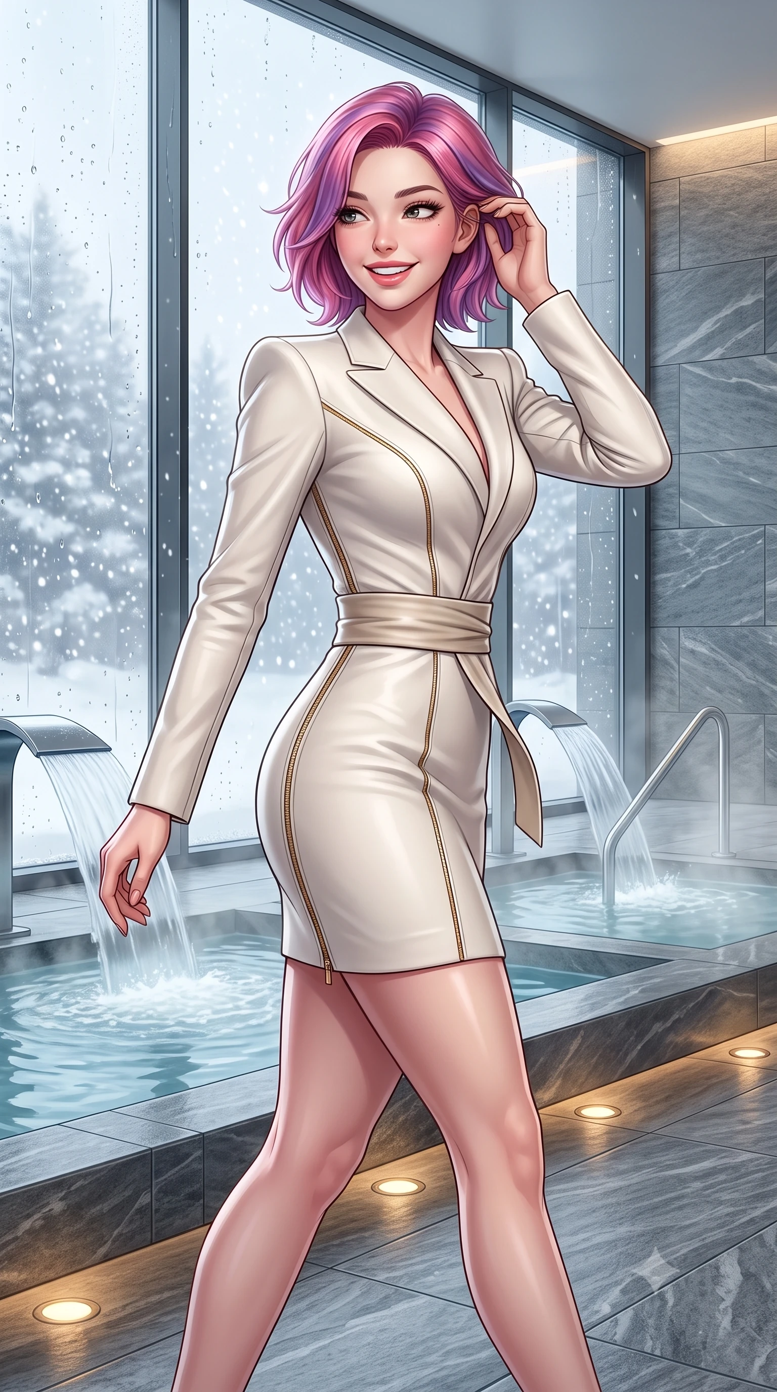 score_9, masterpiece, best quality, ultra-detailed, high-budget anime keyframe, semi-realistic 3D game render, editorial fashion photography, tasteful artistic composition, Caucasian woman. close-up cowboy shot from the waist and thighs up, the character dominates the composition, filling the frame with her large presence. gently brushing a lock of hair behind her ear while casting a playful, flirtatious side-gaze with long eyelashes while walking past steaming indoor hydrotherapy fountains toward the glass wall looking out at falling snow, turning with radiant poise. The surrounding environment is rendered in vivid detail and crisp panoramic clarity: sharp thermal glass mullion seams, water droplet rivulets on exterior panes, and textured grey Vals quartzite stone tiles in deep focus. She has an exceptionally elegant, slender, and willowy female figure with an ultra-slim waist, flat toned midriff, narrow ribcage, and sculpted feminine hips creating an alluring, slim hourglass silhouette without bulk. sharp v-shaped jawline, high-bridge nose, intricate jewel-like sparkling eyes with depth, thick eyelashes, glossy parted lips with a natural peach sheen, bright cheerful beaming smile with an enchanting and coquettish sensual glint, exuding both youthful cute charm and seductive allure, flawlessly proportioned anatomical accuracy, strict slender model proportions, natural body alignment, perfectly sculpted long slender limbs, ultra-slim waistline, clean dynamic posture without body distortion. wearing a bespoke hourglass-tailored wool blazer dress with structured shoulders and a deeply cinched belt, highlighting her sculpted feminine hips in Swiss alpine snow white and oat cashmere, crafted from buttery-soft stretch lambskin leather adhering to her body like a second skin, featuring fine gold zipper details tracing the vertical spine and contour seams, the glove-like clinging cut tightly following the natural contour of her hips and long slender legs with youthful 8.5-heads elegance. bathed in calm diffused winter daylight filtering through steamy glass panes combined with warm 2800K recessed floor lights. highly saturated vibrant anime colors, detailed shading with soft gradients, rich glossy textures, high-contrast stereoscopic depth, volumetric dynamic lighting, master piece, 9:16 ratio