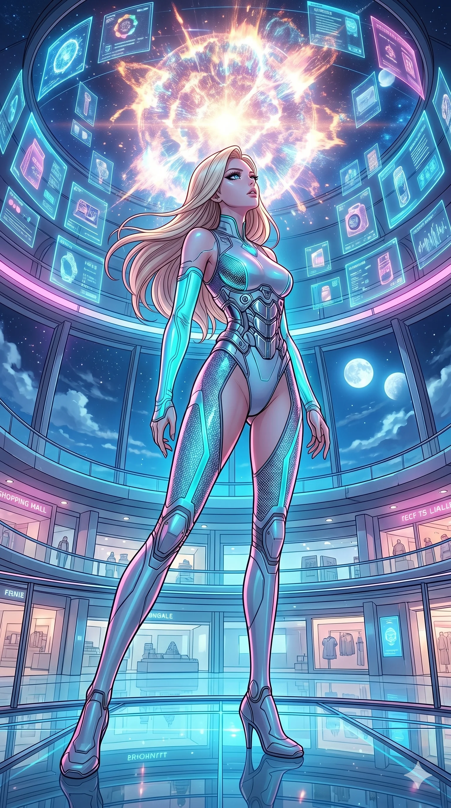 score_9, masterpiece, best quality, ultra-detailed, high-budget anime movie keyframe, cinematic anime lighting, intricate line art, Japanese woman. Dynamic full-body shot stretching the vertical silhouette across the 9:16 frame. observing a supernova in a holographic shopping mall under a twin-moon sky. She has an absolutely perfect 8-heads proportion, an exceptionally tall and slender female figure with an ultra-slim waist and impossibly long slender legs. sharp v-shaped jawline, high-bridge nose, intricate jewel-like eyes, thick eyelashes, glossy lips. Wearing asymmetrical high-cut tech-bodysuit with detached glowing sleeves, chrome-plated mechanical corset, and bioluminescent mesh panels clinging to her slender figure. The scene is illuminated by dramatic atmospheric lighting and vibrant color palettes. , 2k, ultra detail, master piece, 9:16 ratio