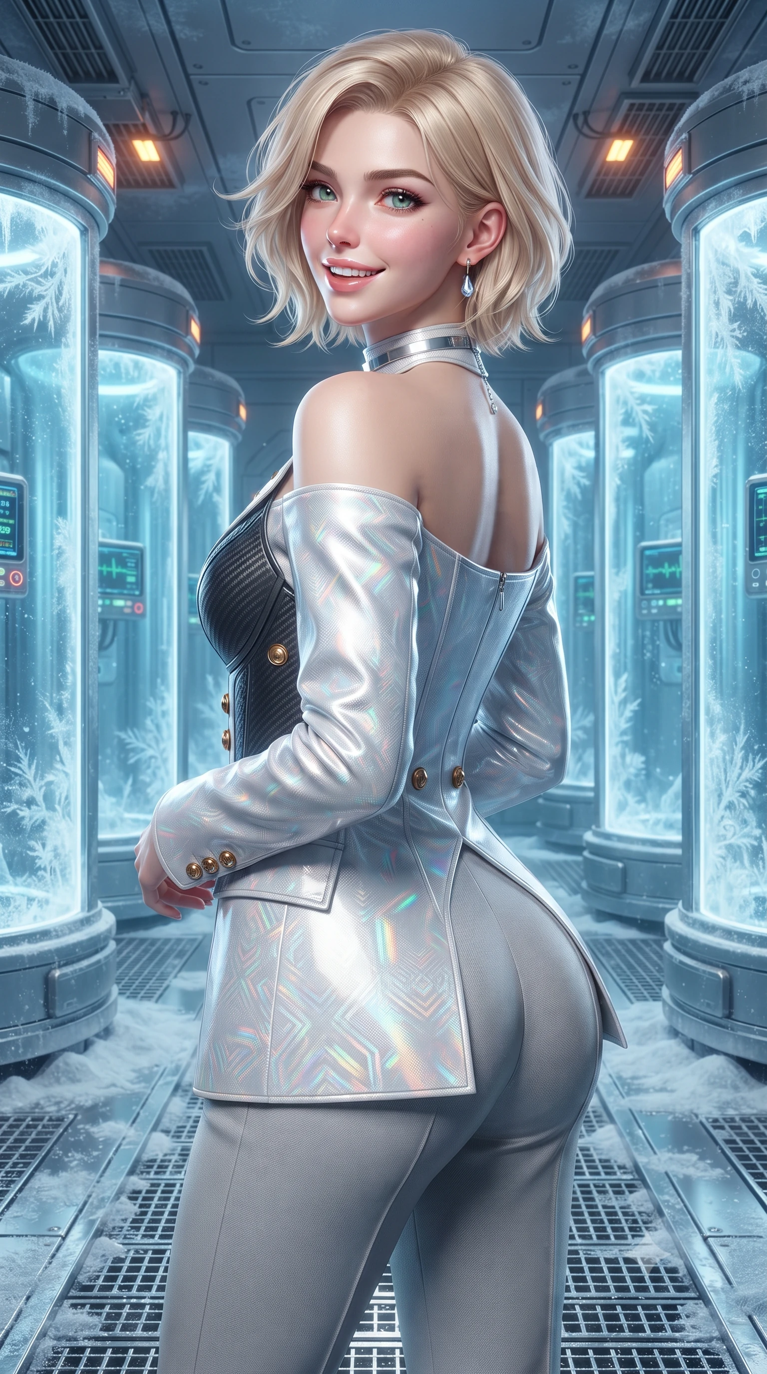 score_9, masterpiece, best quality, ultra-detailed, high-budget anime keyframe, editorial fashion photography, tasteful artistic composition, Caucasian woman. close-up cowboy shot from the waist and thighs up, the character dominates the composition, filling the frame with her large presence. posing in an alluring rear three-quarter angle, looking over a bare shoulder with parted glossy lips, her hips cocked back to highlight her slim hourglass curve while standing poised on the frost-dusted stainless steel walkway between rows of glowing vertical cryo-stasis pods, arching her lower back with mysterious siren grace. The surrounding environment is rendered in vivid detail and crisp panoramic clarity: sharp stainless steel grating textures, frozen frost dendrites on glass, and digital vital sign monitors in deep focus. She has an exceptionally elegant, slender, and willowy female figure with an ultra-slim waist, flat toned midriff, narrow ribcage, and sculpted feminine hips creating an alluring, slim hourglass silhouette without bulk. sharp v-shaped jawline, high-bridge nose, intricate jewel-like sparkling eyes with depth, thick eyelashes, glossy parted lips with a natural peach sheen, bright cheerful beaming smile with an enchanting and coquettish sensual glint, exuding both youthful cute charm and seductive allure, flawlessly proportioned anatomical accuracy, strict slender model proportions, natural body alignment, perfectly sculpted long slender limbs, ultra-slim waistline, clean dynamic posture without body distortion. wearing a structured cyber-infantry dress uniform jacket with carbon-fiber chest plating and brass buttons over a mock-neck top and tailored wool trousers in holographic prismatic pearl and aerospace white, woven from structured carbon-fiber jacquard with rich textural depth, finished with a minimalist chrome choker and a single teardrop diamond pendant, the bespoke structured tailoring following the natural line of her 8.5-heads silhouette with refined elegance. bathed in cool 8000K clinical bio-luminescence mixed with warm amber emergency threshold lights. ultra-reflective glossy finish, specular highlights, rich textural contrasts, high-contrast stereoscopic depth, volumetric dynamic lighting, 2k, ultra detail, master piece, 9:16 ratio