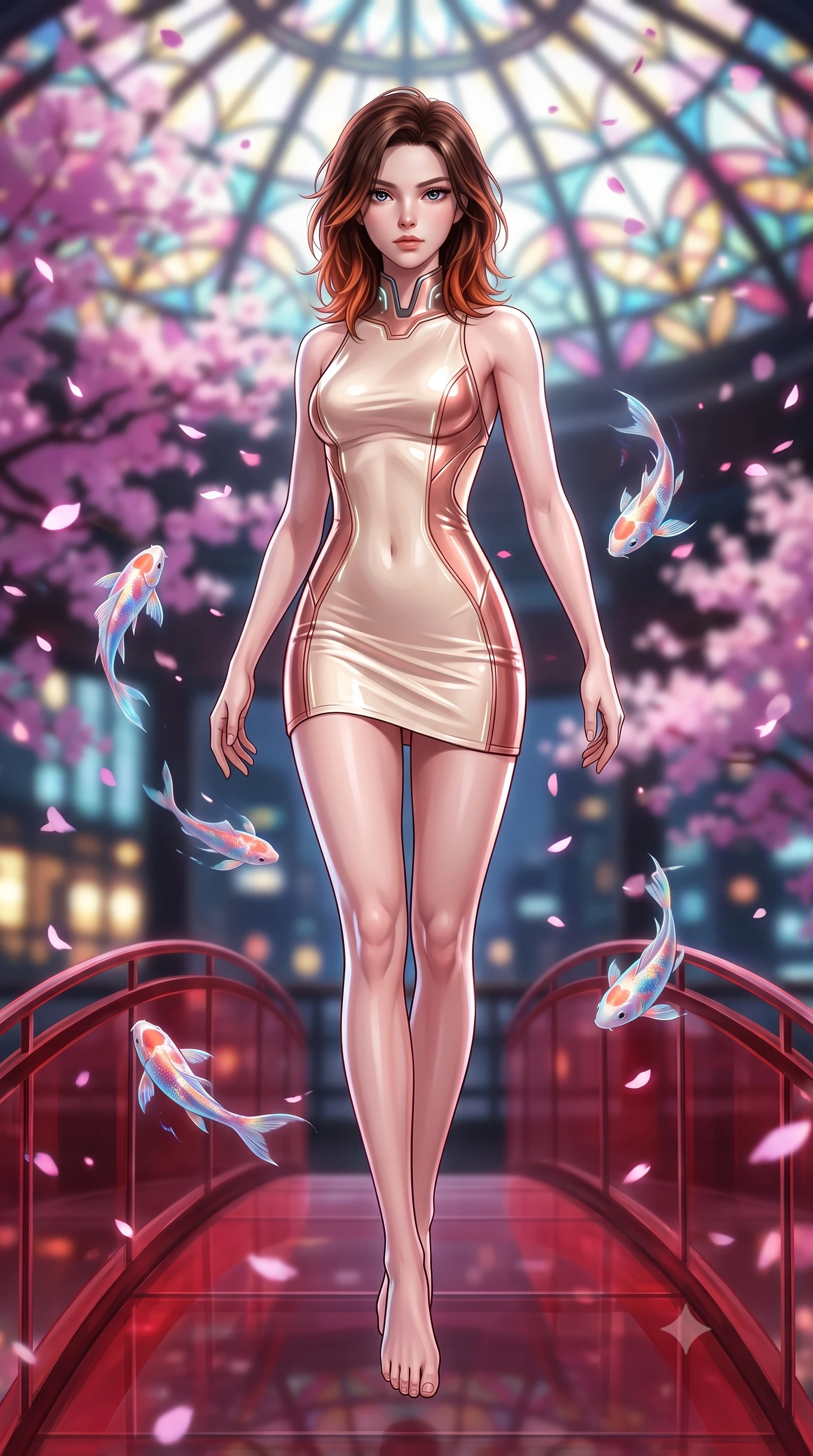 score_9, masterpiece, best quality, ultra-detailed, high-budget anime keyframe, semi-realistic 3D game render, editorial fashion photography, tasteful artistic composition, Korean woman. low angle full-body shot from head to toe showing her feet, filling the entire 9:16 vertical frame with her statuesque presence, stretching her vertical silhouette. performing an alluring mid-air vault with flawless poise, looking directly into the camera with regal, divine intensity while stepping along a curved crimson glass bridge as holographic koi swim through the air around her slender silhouette. The composition keeps background elements in soft focus with creamy bokeh. swirling digital sakura petals and glowing stained-glass dome facets blurred into dreamy magenta and pastel pink bokeh. She has an absolutely perfect, statuesque 8.5-heads proportion, an exceptionally tall and slender model-like female figure with impossibly long slender legs, a toned flat midriff, and an ultra-slim waist. sharp v-shaped jawline, high-bridge nose, intricate jewel-like eyes with depth, thick eyelashes, glossy lips with a natural sheen, flawlessly proportioned anatomical accuracy, strict slender model proportions, natural body alignment, perfectly sculpted long slender limbs, ultra-slim waistline, clean dynamic posture without body distortion. wearing a high-gloss lacquer cyber-couture mini dress with an open-back architectural cut and subtle glowing micro-filaments in sculpted rose gold and luminescent champagne ivory, made of liquid jersey fabric that clings flawlessly to every contour of her build, featuring a sleek aerodynamic collar framed by subtle glowing cybernetic accents, the glove-like aerodynamic second-skin fit tightly clinging to her ultra-slender waist and athletic curves without adding bulk, accentuating her razor-sharp statuesque lines and slim hourglass silhouette. illuminated by crisp white key light and sharp specular highlights tracing her sculpted silhouette. rich saturated anime colors with glowing neon highlights, detailed shading with soft gradients, rich glossy textures, high-contrast stereoscopic depth, volumetric dynamic lighting, master piece, 9:16 ratio
