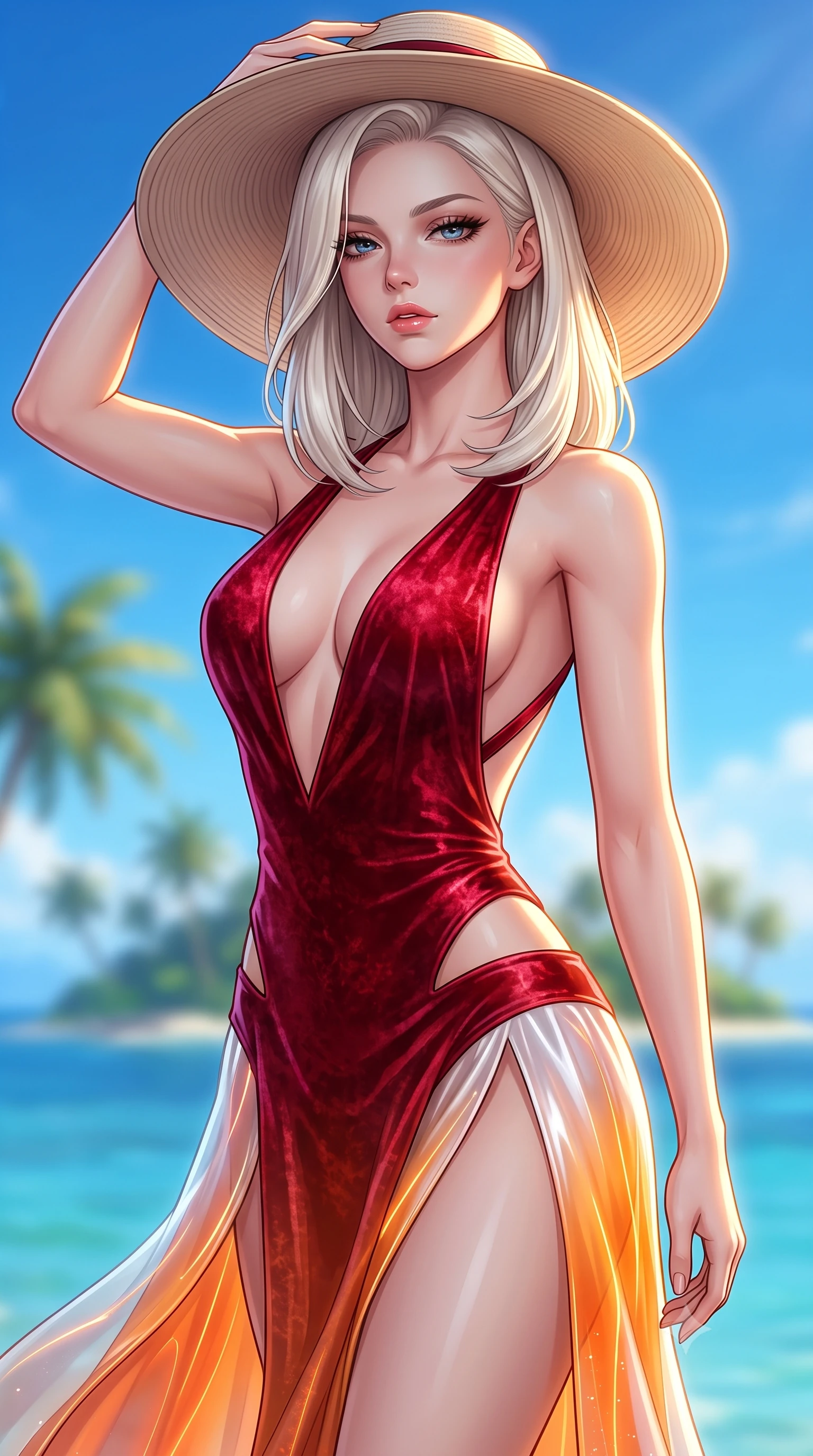 score_9, masterpiece, best quality, ultra-detailed, high-budget anime keyframe, semi-realistic 3D game render, editorial fashion photography, tasteful artistic composition, Caucasian woman. close-up cowboy shot from the waist and thighs up, the character dominates the composition, filling the frame with her large presence. casting a slow, smoldering gaze beneath heavy lashes with parted glossy lips, her head slightly tilted in captivating self-assurance while holding her sunhat lightly against a warm tropical ocean breeze while gazing into the camera with bedroom eyes. The composition keeps background elements in soft focus with creamy bokeh. distant palm-lined islands and vibrant blue sky softened by shallow atmospheric focus. She has an exceptionally elegant, slender, and willowy female figure with an ultra-slim waist, a gracefully sculpted slender torso, toned flat midriff, and a refined slim silhouette. sharp v-shaped jawline, high-bridge nose, intricate jewel-like eyes with depth, thick eyelashes, glossy lips with a natural sheen, flawlessly proportioned anatomical accuracy, strict slender model proportions, natural body alignment, perfectly sculpted long slender limbs, ultra-slim waistline, clean dynamic posture without body distortion. wearing a backless crimson crushed velvet gown with a deep plunging V-neckline, strategic hip cutouts, and an ultra-high thigh slit in vivid sunset amber orange and cloud white, tailored from semi-translucent cybernetic vinyl with glowing micro-filaments, complemented by criss-cross back straps highlighting her completely bare spine, the glove-like aerodynamic second-skin fit tightly clinging to her ultra-slender waist and athletic curves without adding bulk, accentuating her razor-sharp statuesque lines and slim hourglass silhouette. illuminated by pure sky radiance with crisp golden rim lights accentuating her silhouette. highly saturated vibrant anime colors, detailed shading with soft gradients, rich glossy textures, high-contrast stereoscopic depth, volumetric dynamic lighting, master piece, 9:16 ratio