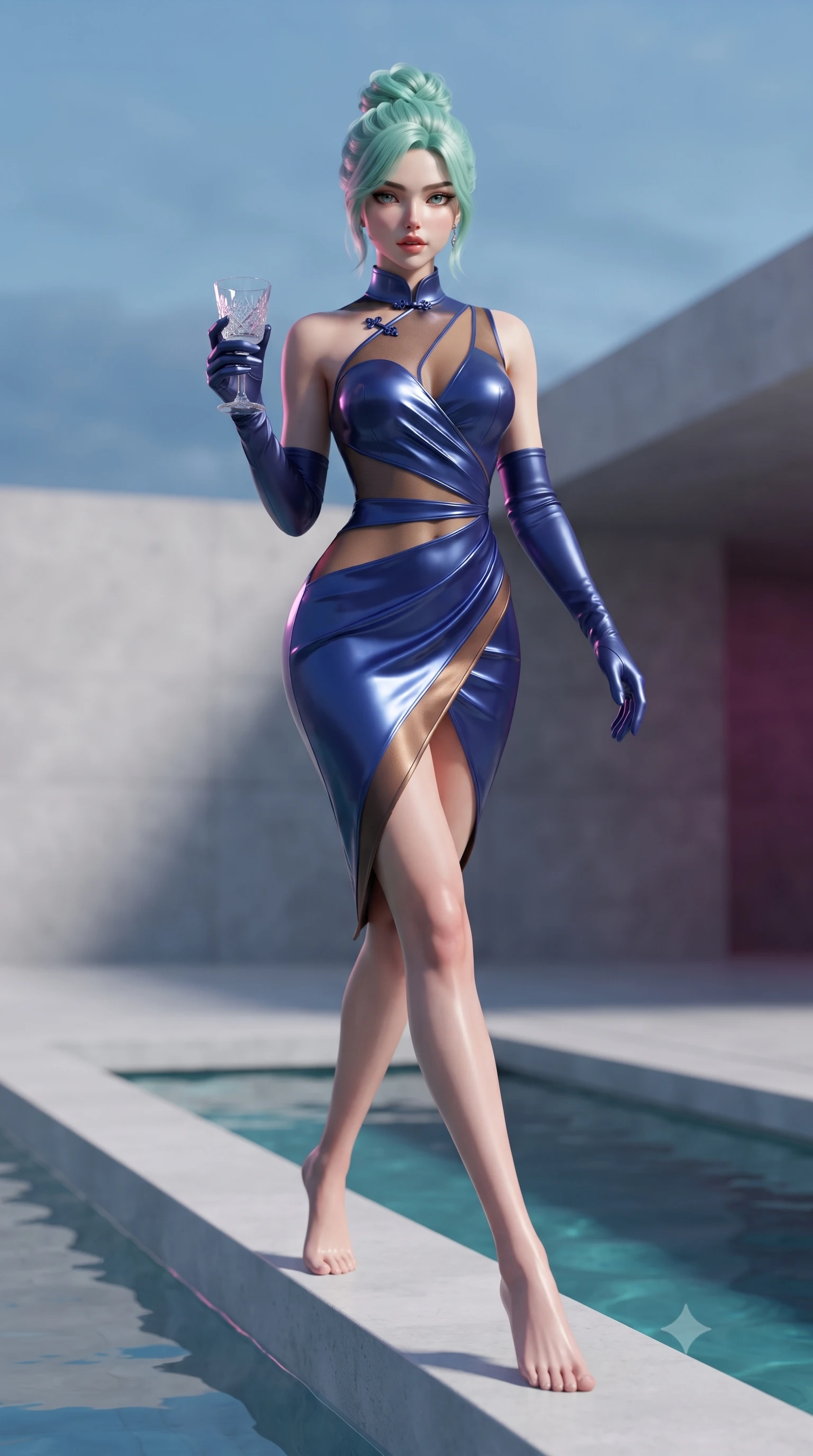 score_9, masterpiece, best quality, ultra-detailed, high-budget anime keyframe, editorial fashion photography, tasteful artistic composition, Japanese woman. low angle full-body shot from head to toe showing her feet, filling the entire 9:16 vertical frame with her statuesque presence, stretching her vertical silhouette. sitting perched on the elevated edge with hips angled toward the camera and legs crossed, displaying her toned midriff and flawlessly sculpted slender limbs while striding along the water basin edge, her sleek minimalist gown clinging to her narrow waist and long slender legs. The composition keeps background elements in soft focus with creamy bokeh. minimalist modernist architectural planes and blue sky softened in high-fashion editorial shallow focus. She has an exceptionally tall and slender model-like 8.5-heads proportion, an ultra-slim waist, a flat toned midriff, narrow delicate ribcage, and beautifully sculpted feminine hips creating a graceful, slim hourglass silhouette without any bulky heaviness, with impossibly long slender legs. sharp v-shaped jawline, high-bridge nose, intricate jewel-like eyes with depth, thick eyelashes, glossy parted lips with a natural sheen, intensely captivating and seductive bedroom-eyes expression, flawlessly proportioned anatomical accuracy, strict slender model proportions, natural body alignment, perfectly sculpted long slender limbs, ultra-slim waistline, clean dynamic posture without body distortion. wearing a wet-look silk fusion wrap dress with asymmetrical sheer mesh cutouts and high Mandarin collar in royal sapphire blue and liquid bronze, tailored from water-resistant treated wool gabardine and flexible stretch silk, accessorized with opera-length satin gloves and a vintage crystal glass, the second-skin form-contouring cut accentuating her sculpted flat midriff, narrow delicate ribcage, and gracefully curvy hips with supermodel precision. illuminated by luminous pink wall bounce light and turquoise pool reflections sharply sculpting her razor-sharp jawline, narrow waist, and curvy hips. ultra-reflective glossy finish, specular highlights, rich textural contrasts, high-contrast stereoscopic depth, volumetric dynamic lighting, 2k, ultra detail, master piece, 9:16 ratio