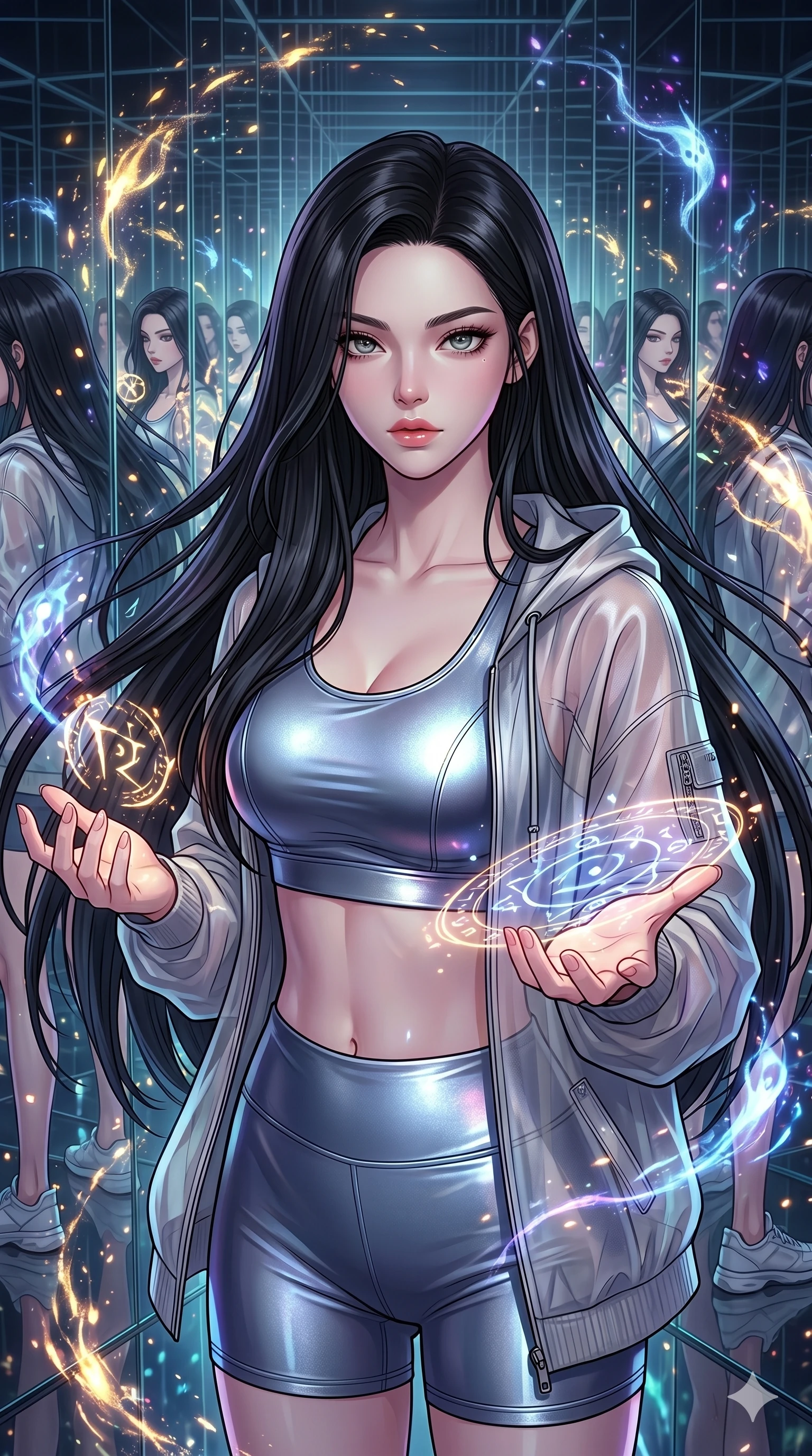 score_9, masterpiece, best quality, ultra-detailed, high-budget anime movie keyframe, cinematic anime lighting, intricate line art, Korean woman. Upper body filling screen focusing on her alluring features and slim-fit silhouette. summoning mystical spirits in a infinite mirror maze in a storm of sparks. She has an absolutely perfect 8-heads proportion, an exceptionally tall and slender female figure with an ultra-slim waist and impossibly long slender legs. sharp v-shaped jawline, high-bridge nose, intricate jewel-like eyes, thick eyelashes, glossy lips. Wearing premium athleisure set with a metallic-finish compression top, high-cut yoga shorts that accentuate her long legs, and a sheer oversized hoodie. The scene is illuminated by dramatic atmospheric lighting and vibrant color palettes. , 2k, ultra detail, master piece, 9:16 ratio