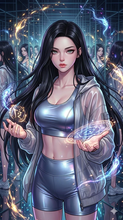 score_9, masterpiece, best quality, ultra-detailed, high-budget anime movie keyframe, cinematic anime lighting, intricate line art, Korean woman. Upper body filling screen focusing on her alluring features and slim-fit silhouette. summoning mystical 