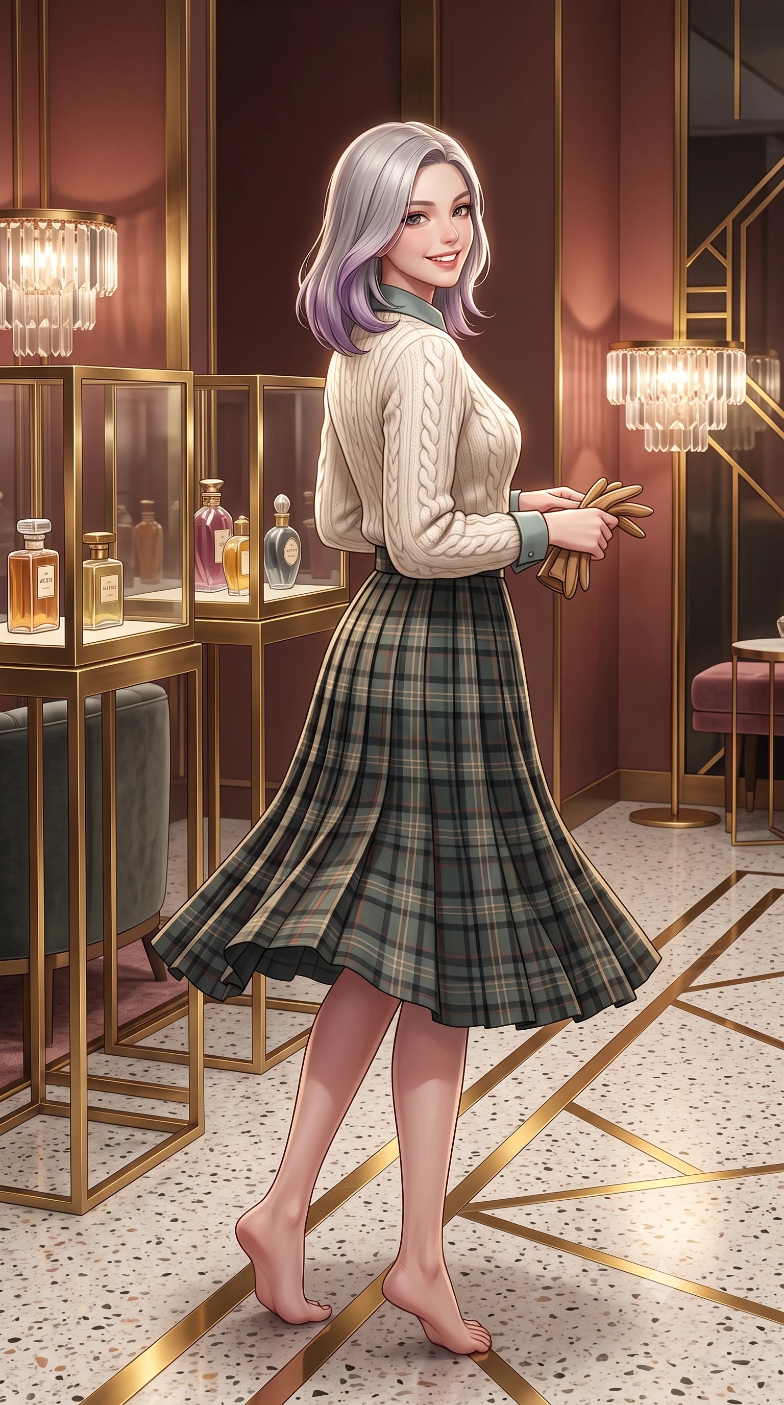 score_9, masterpiece, best quality, ultra-detailed, high-budget anime keyframe, semi-realistic 3D game render, editorial fashion photography, tasteful artistic composition, Caucasian woman. low angle full-body shot from head to toe showing her feet, filling the entire 9:16 vertical frame with her statuesque presence, stretching her vertical silhouette. executing an elegant pivot turn as the hem of her pleated wool skirt sways rhythmically, glancing back with joyful radiance while walking through the 1920s-inspired Ginza salon past brass-framed vitrines, turning with magnetic cosmopolitan charm. The surrounding environment is rendered in vivid detail and crisp panoramic clarity: sharp brass geometric inlay strips in terrazzo flooring, cut-crystal lamp shade facets, and velvet upholstery pile in deep focus. She has an exceptionally tall and slender model-like 8.5-heads proportion, an ultra-slim waist, a flat toned midriff, narrow delicate ribcage, and beautifully sculpted feminine hips creating a graceful, slim hourglass silhouette without any bulky heaviness, with impossibly long slender legs. sharp v-shaped jawline, high-bridge nose, intricate jewel-like sparkling eyes with depth, thick eyelashes, glossy parted lips with a natural peach sheen, bright cheerful beaming smile with an enchanting and coquettish sensual glint, exuding both youthful cute charm and seductive allure, flawlessly proportioned anatomical accuracy, strict slender model proportions, natural body alignment, perfectly sculpted long slender limbs, ultra-slim waistline, clean dynamic posture without body distortion. wearing an ivory cable-knit fisherman sweater paired with a pleated wool tartan midi skirt and a crisp collared poplin shirt in misty Arashiyama bamboo green and slate grey, crafted from fluid mulberry silk twill with an understated lustrous pearl finish, complemented by buttery leather gloves held delicately in one manicured hand, the precision-cut high-waisted tailoring accentuating her ultra-slim waist and long slender leg line with immaculate aristocratic poise. illuminated by rosewood wall and brass reflection bounce with crisp champagne rim lights defining her cheekbones and slender waist. highly saturated vibrant anime colors, detailed shading with soft gradients, rich glossy textures, high-contrast stereoscopic depth, volumetric dynamic lighting, master piece, 9:16 ratio
