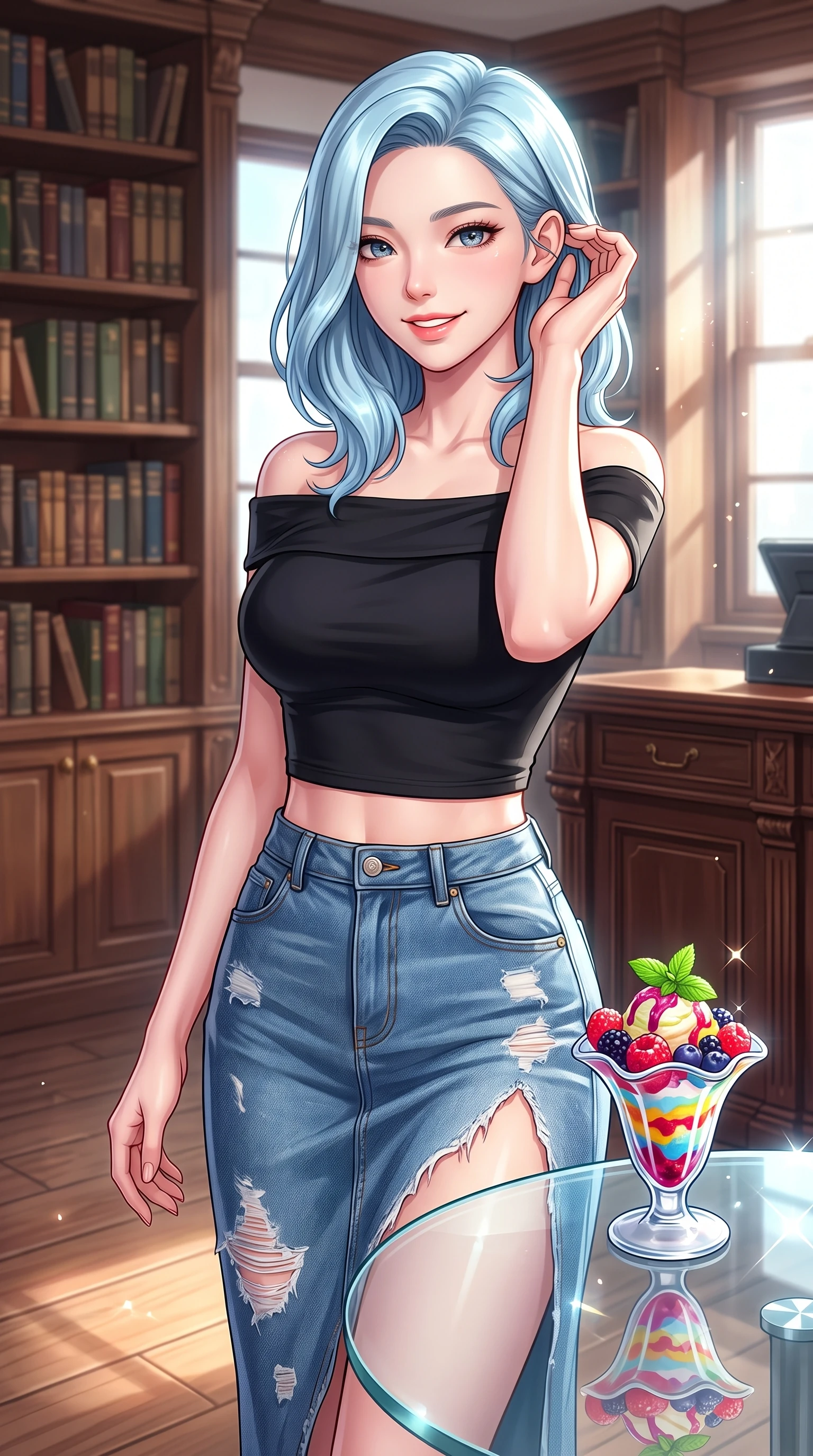 score_9, masterpiece, best quality, ultra-detailed, high-budget anime keyframe, editorial fashion photography, tasteful artistic composition, Korean woman. close-up cowboy shot from the waist and thighs up, the character dominates the composition, filling the frame with her large presence, background elements kept in soft focus. smiling cutely while gently brushing a strand of hair behind her ear set against a soft-focus background of in a cozy wooden-themed coffee shop decorated with antique bookshelf walls holding a colorful ice cream coupe with fresh berries and mint. She has an exceptionally elegant, slender, and willowy female figure with an ultra-slim waist, a gracefully sculpted slender torso, and a refined silhouette. sharp v-shaped jawline, high-bridge nose, intricate jewel-like eyes with depth, thick eyelashes, glossy lips with a natural sheen. wearing tailored stylish off-shoulder crop top paired with a high-slit denim midi skirt. bright daylight reflecting off the glass table and creating sparkling glints. highly saturated vibrant anime colors, detailed shading with soft gradients, rich glossy textures, high-contrast stereoscopic depth, volumetric dynamic lighting, master piece, 9:16 ratio